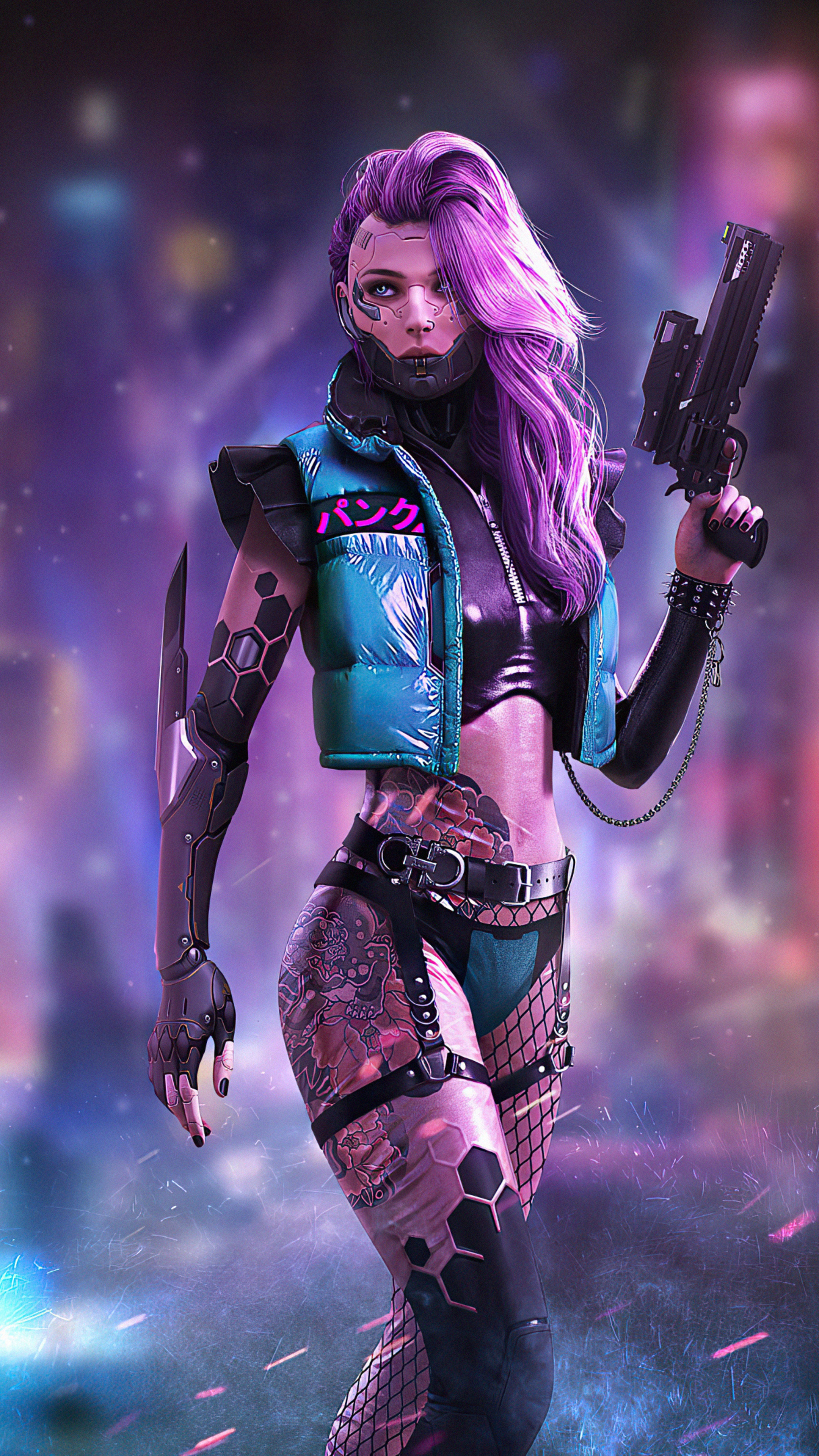 Cyberpunk woman with tattoos and gun HD Phone Wallpaper