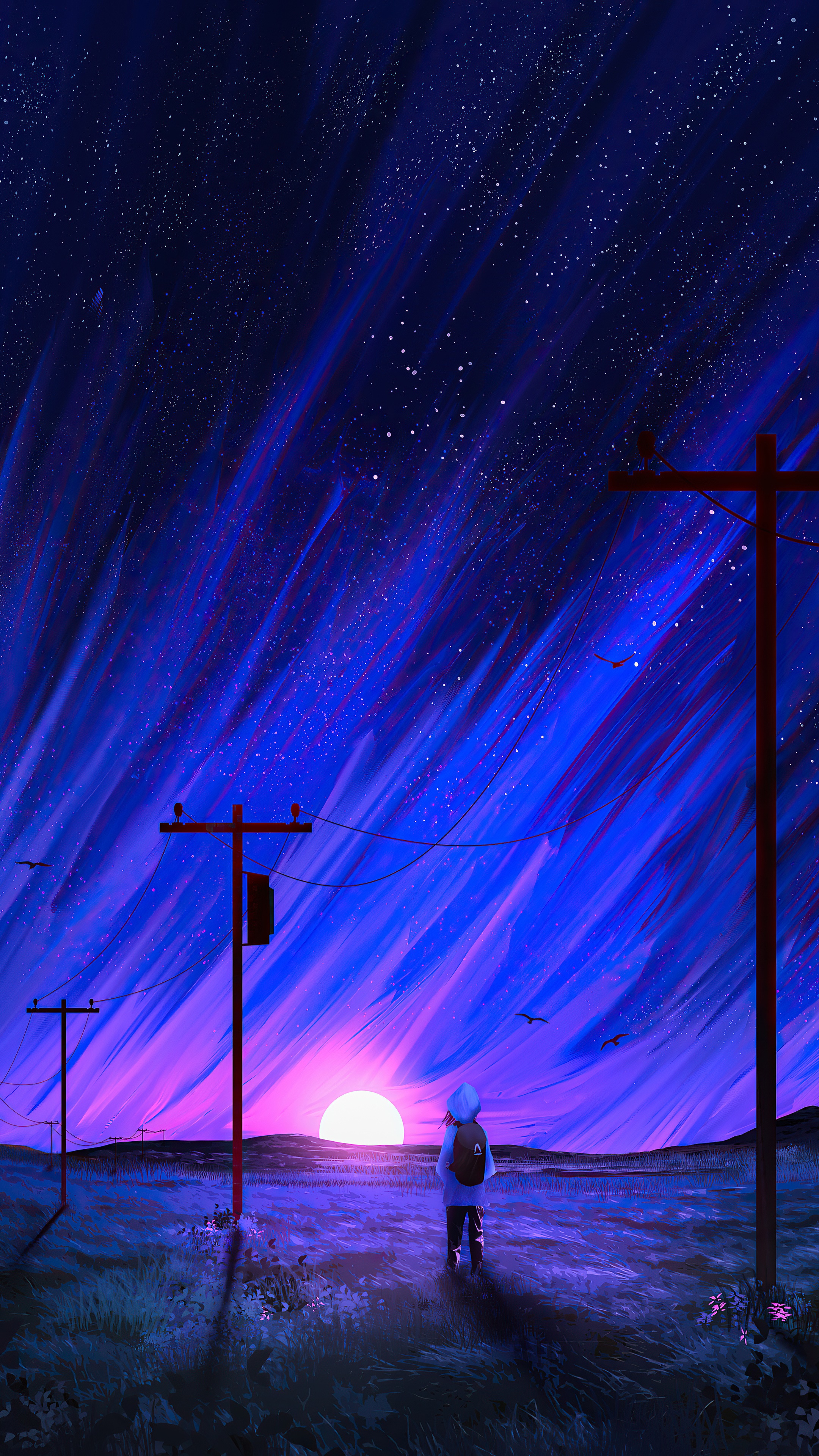 Digital art of a person watching a sunset HD Phone Wallpaper