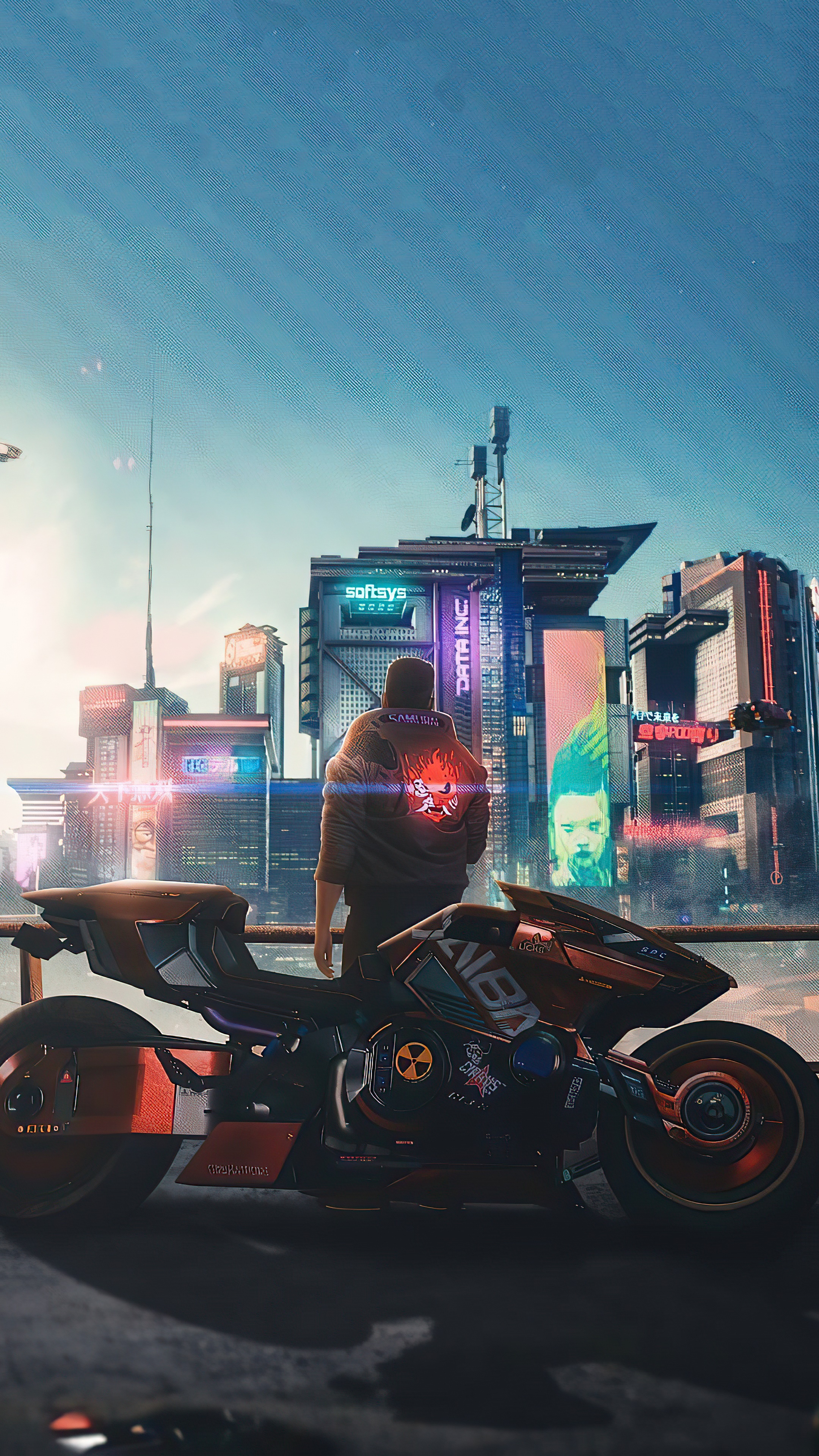 Cyberpunk 2077 motorcycle and man in city HD Phone Wallpaper