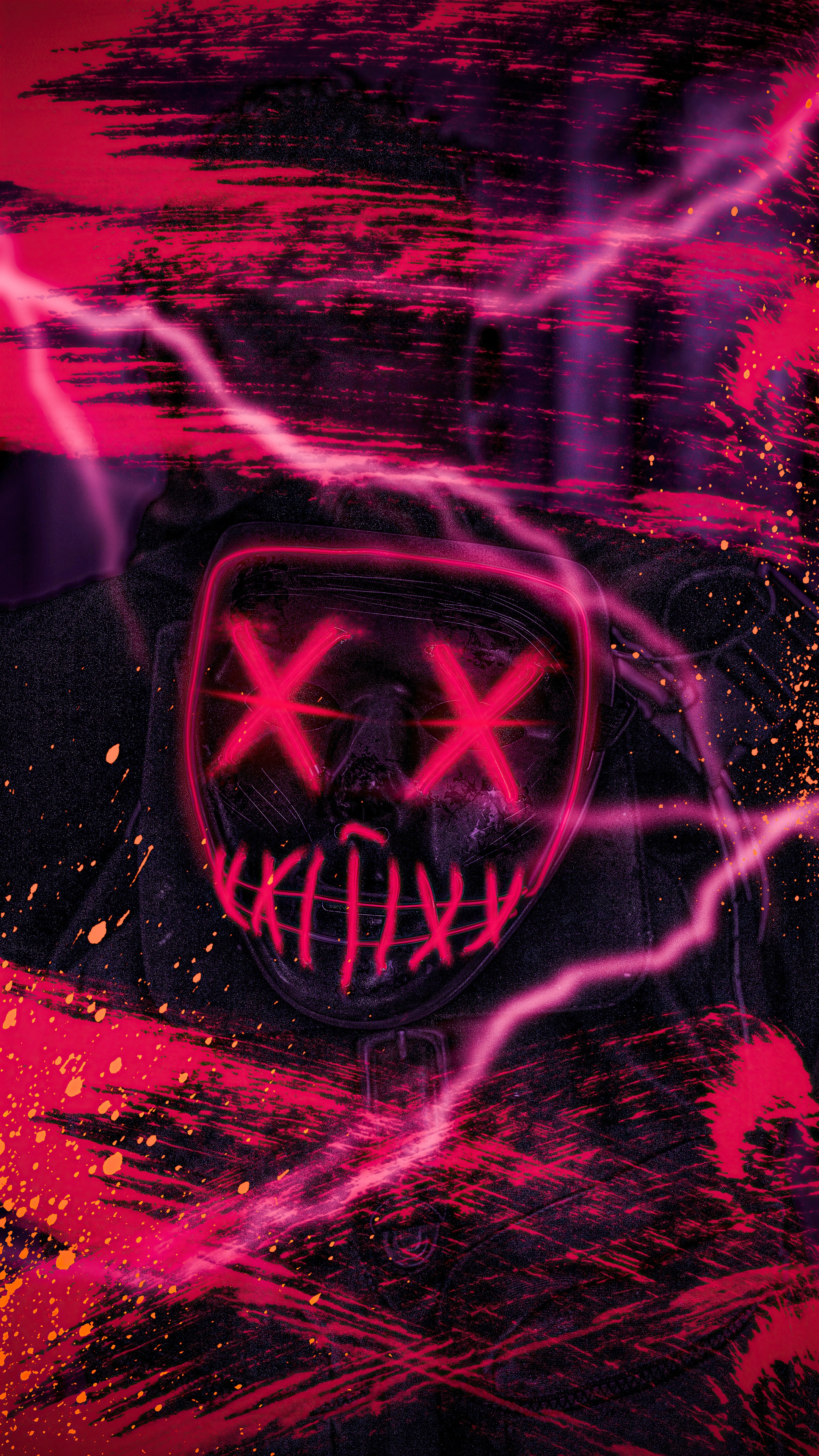Person wearing a red LED mask with 'X' eyes HD Phone Wallpaper