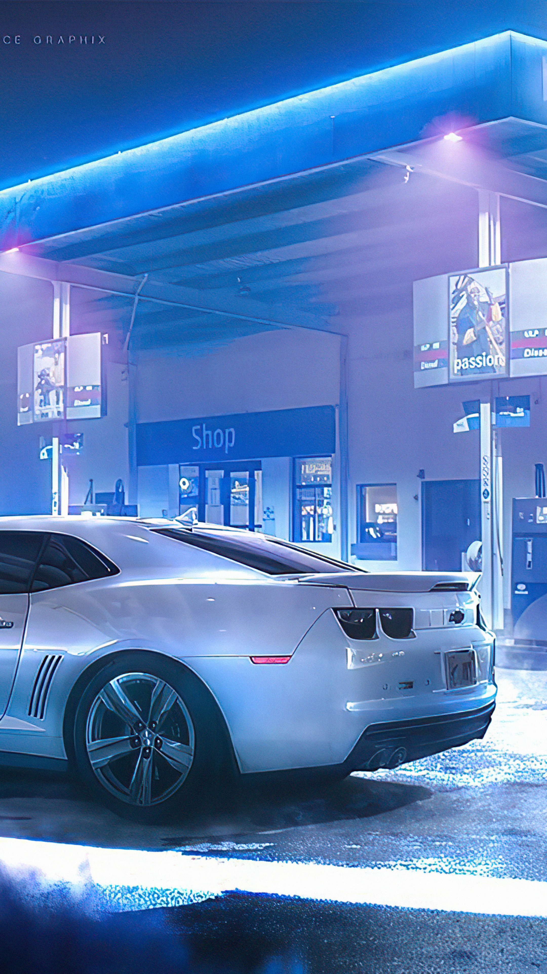 White Chevrolet Camaro at a gas station at night HD Phone Wallpaper