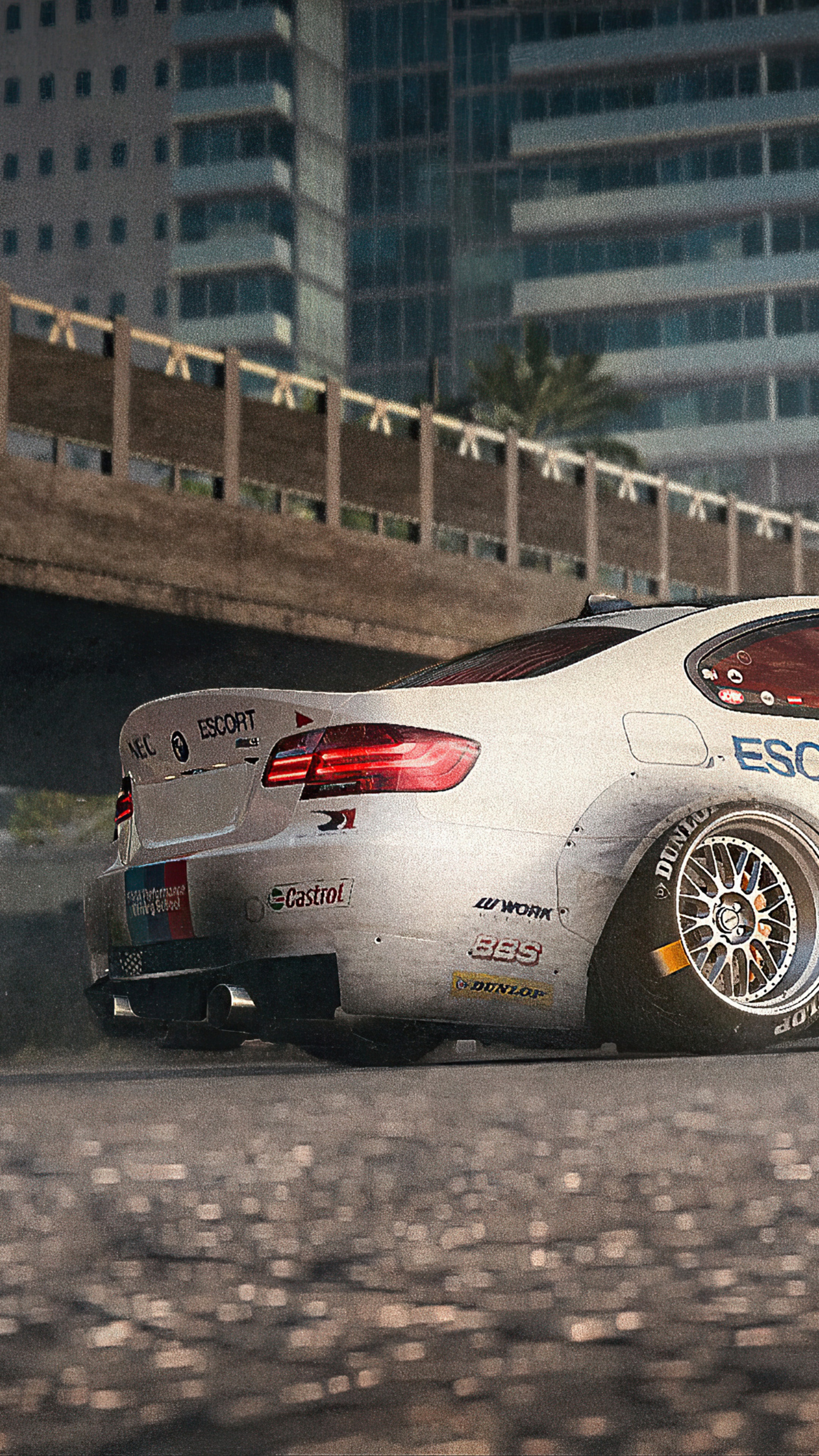 White BMW M3 with racing decals HD Phone Wallpaper
