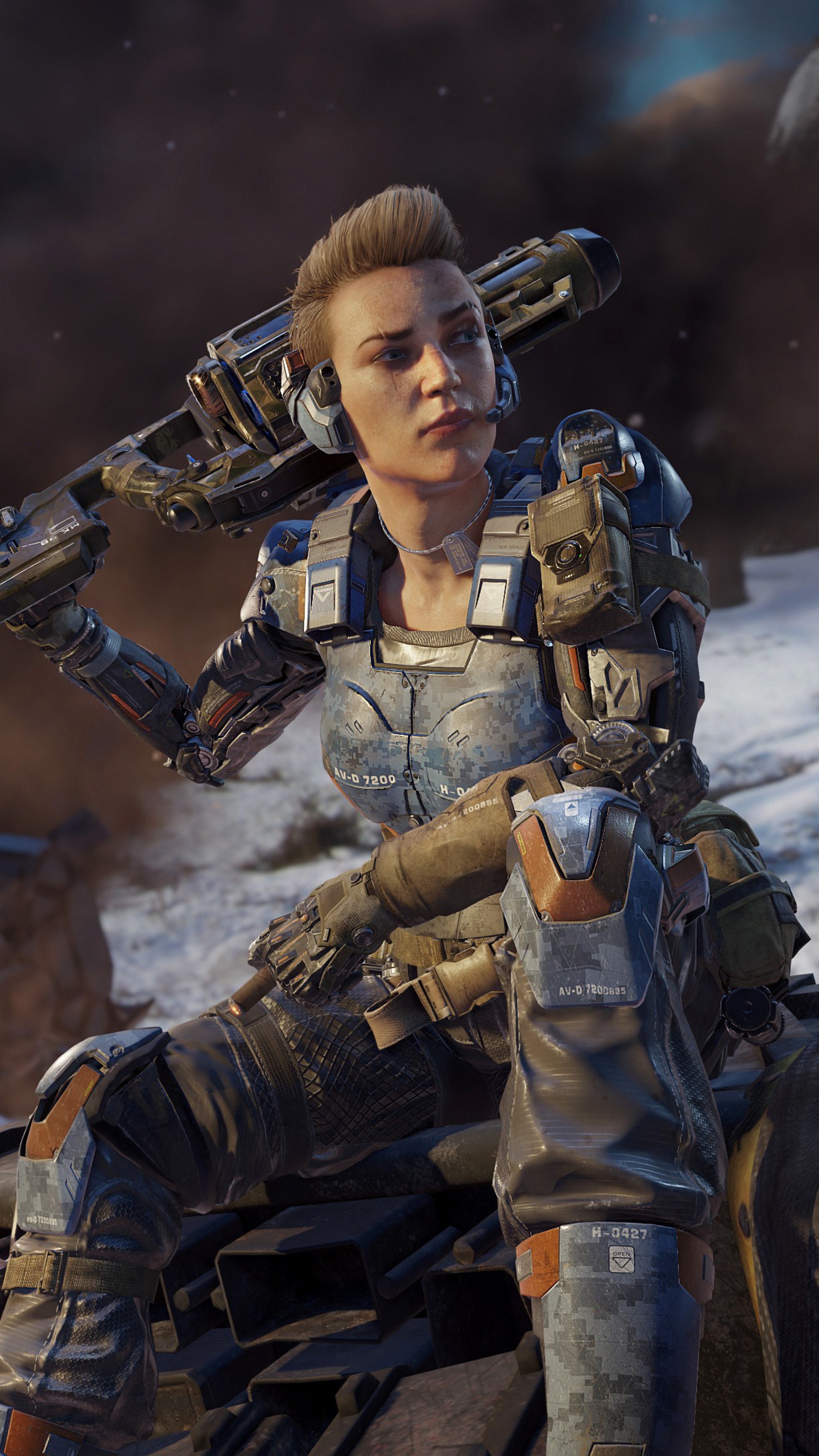 Woman in futuristic armor holding a weapon HD Phone Wallpaper