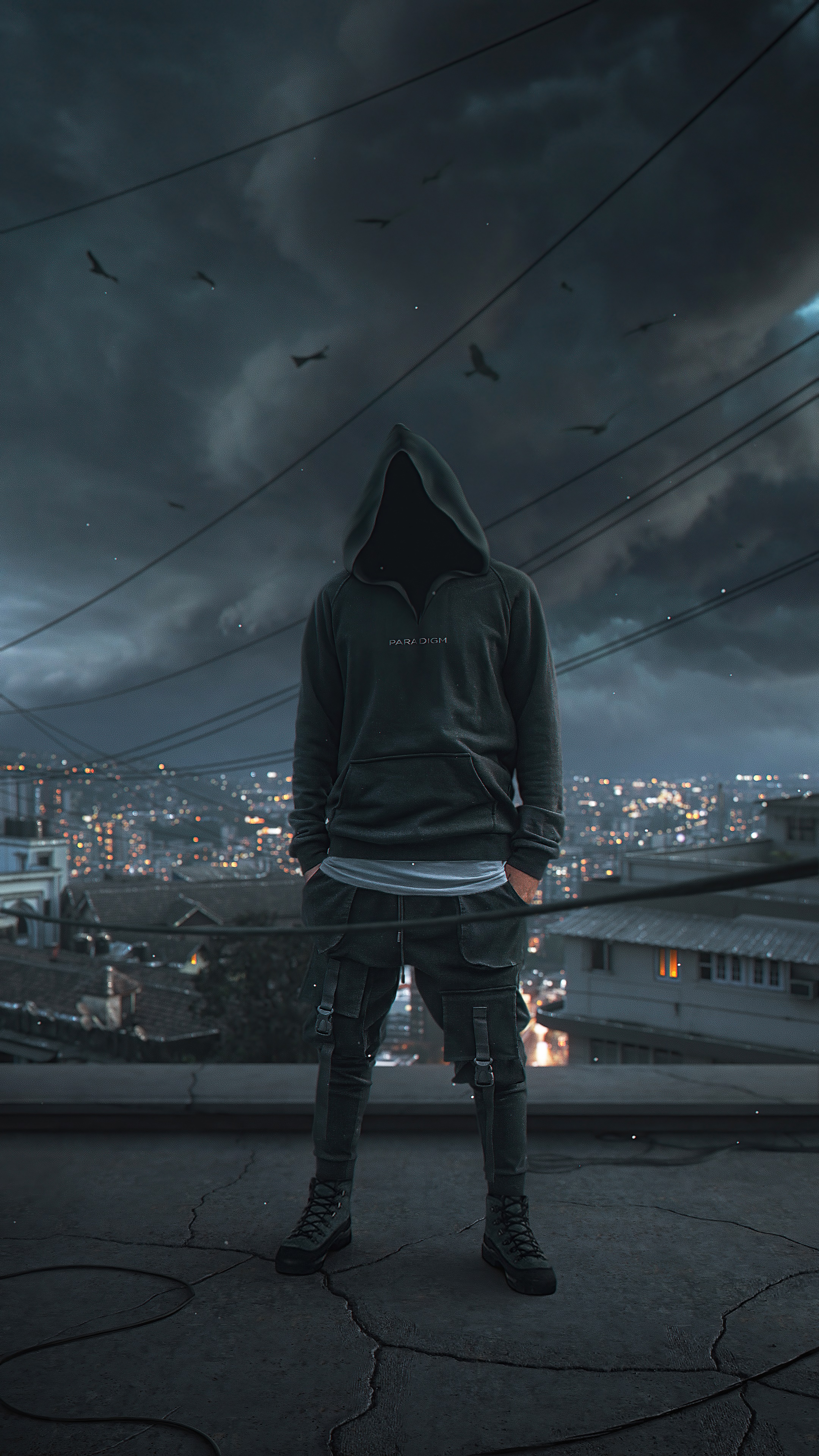 Anonymous figure in hoodie on rooftop with city background HD Phone Wallpaper