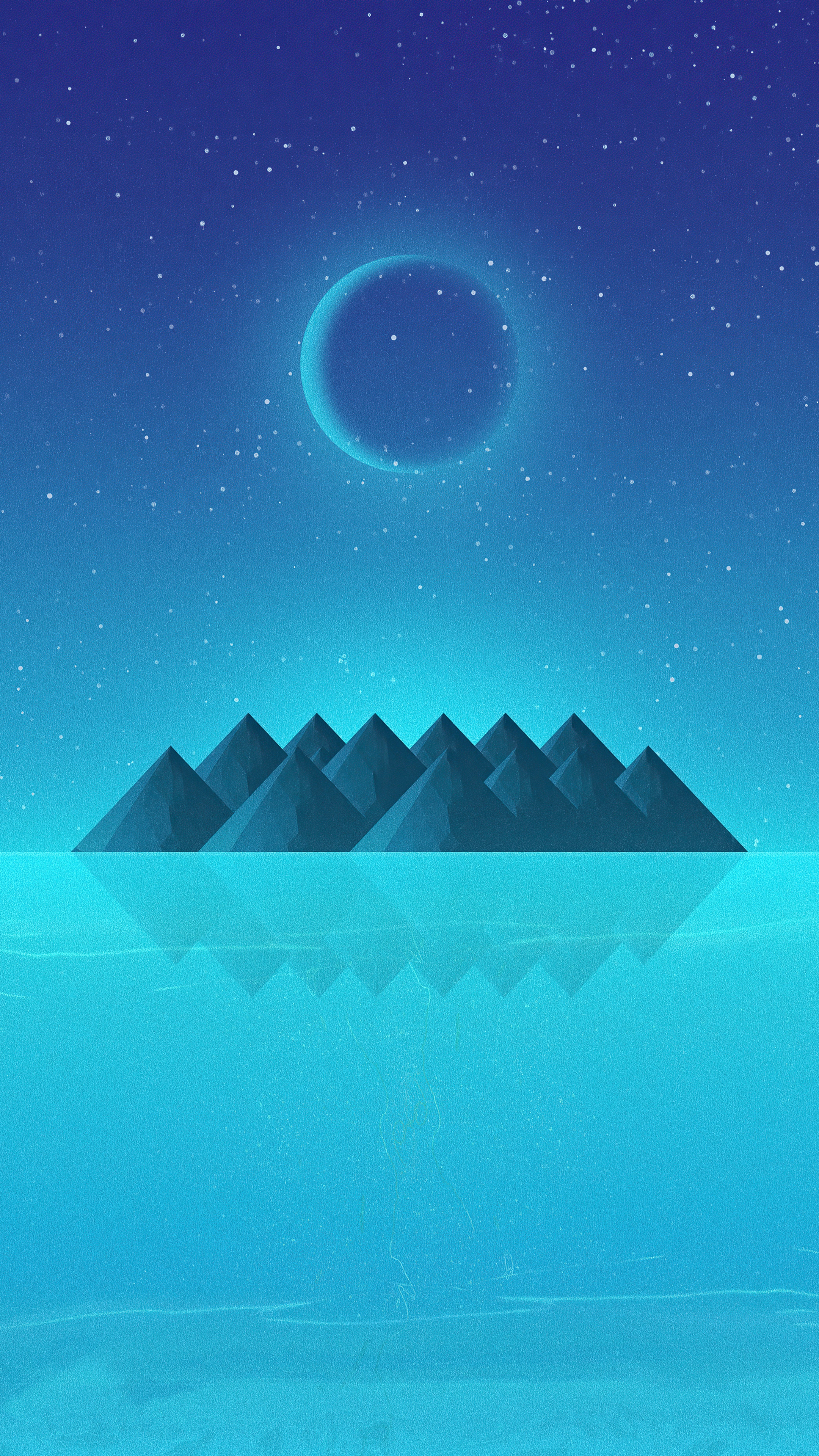 Minimalist digital art of pyramids on an island under a starry sky HD Phone Wallpaper