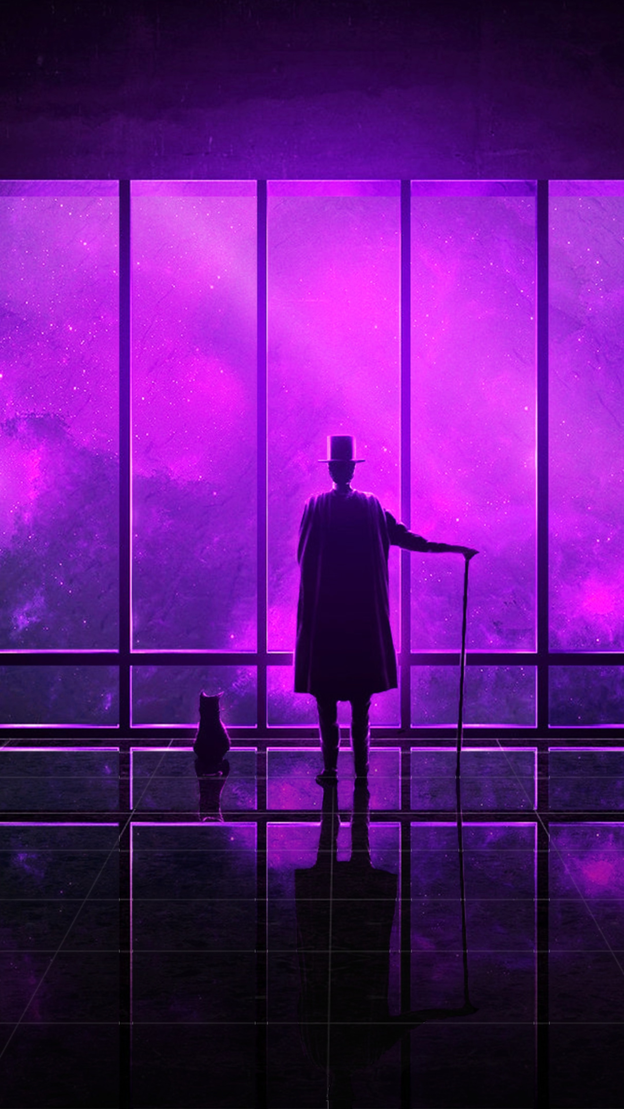 Man in Top Hat and Cape with Cane and Cat HD Phone Wallpaper