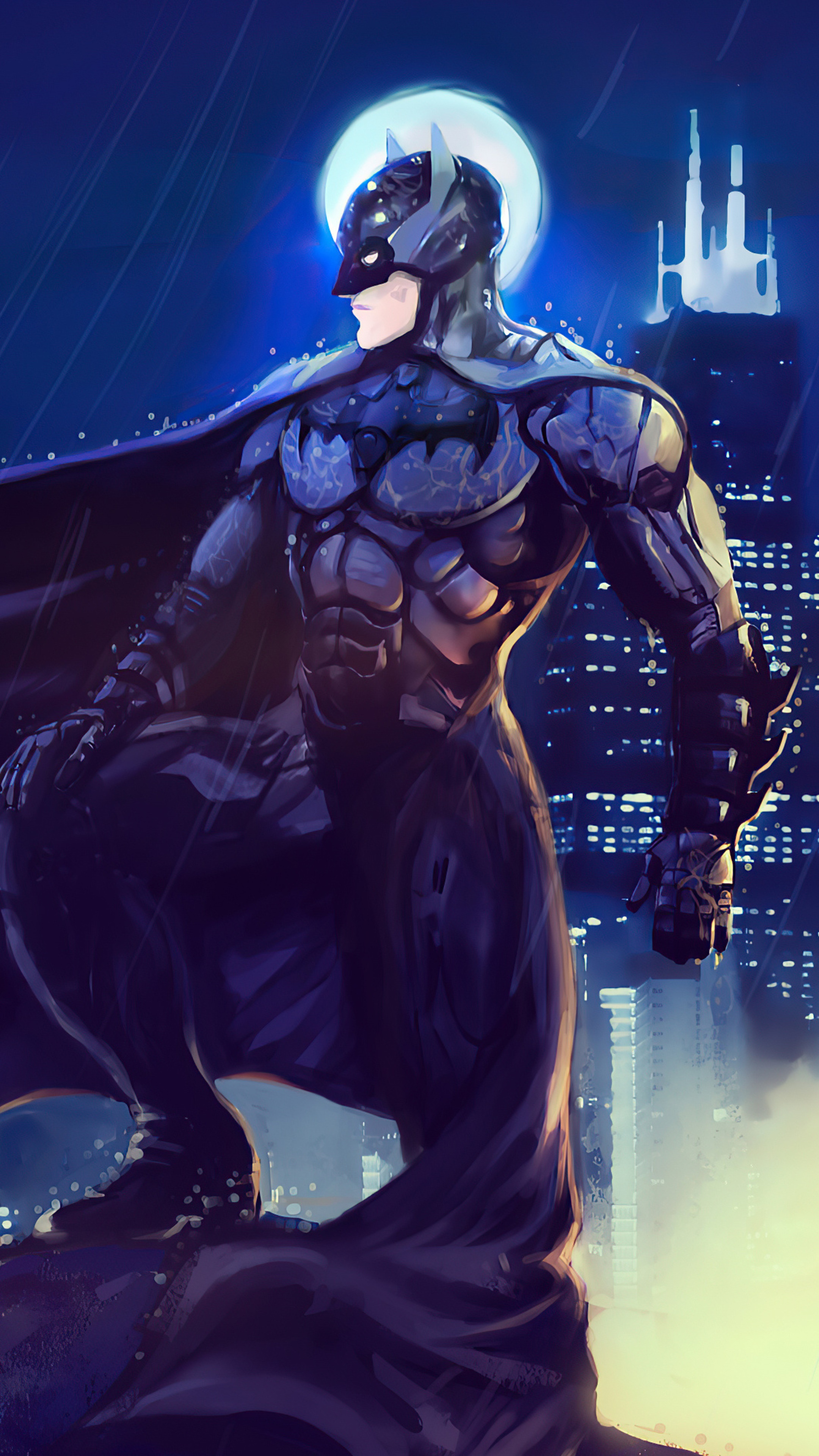 Batman standing on a rooftop in Gotham City HD Phone Wallpaper