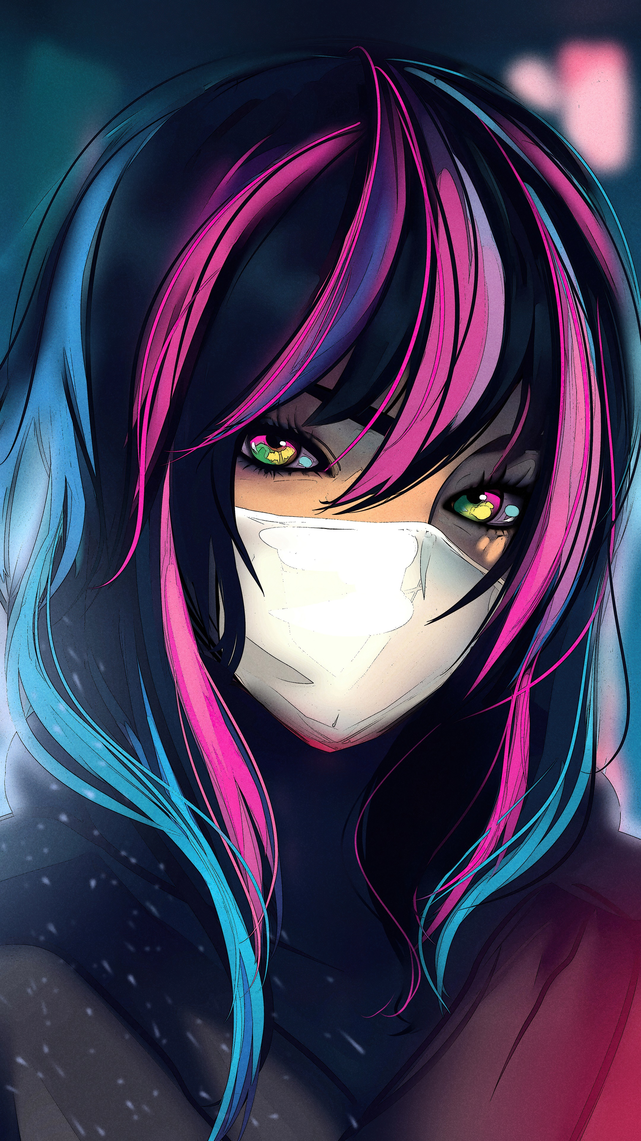 Anime girl with colorful hair and mask HD Phone Wallpaper