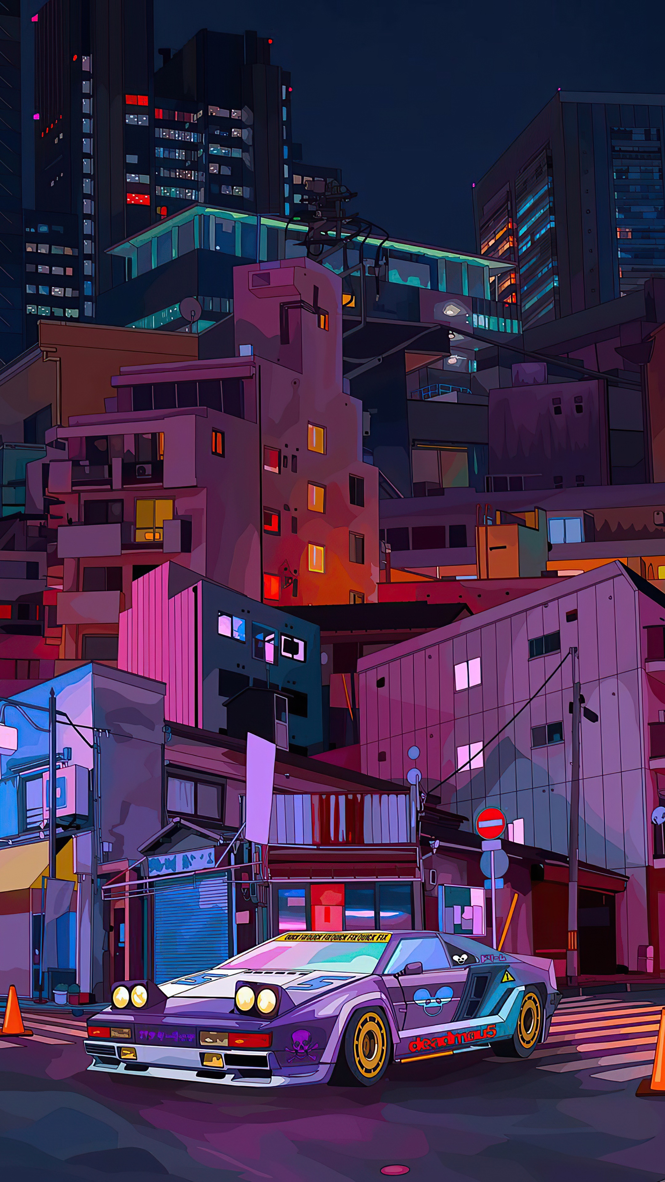 Sci-fi car artwork in a city at night HD Phone Wallpaper