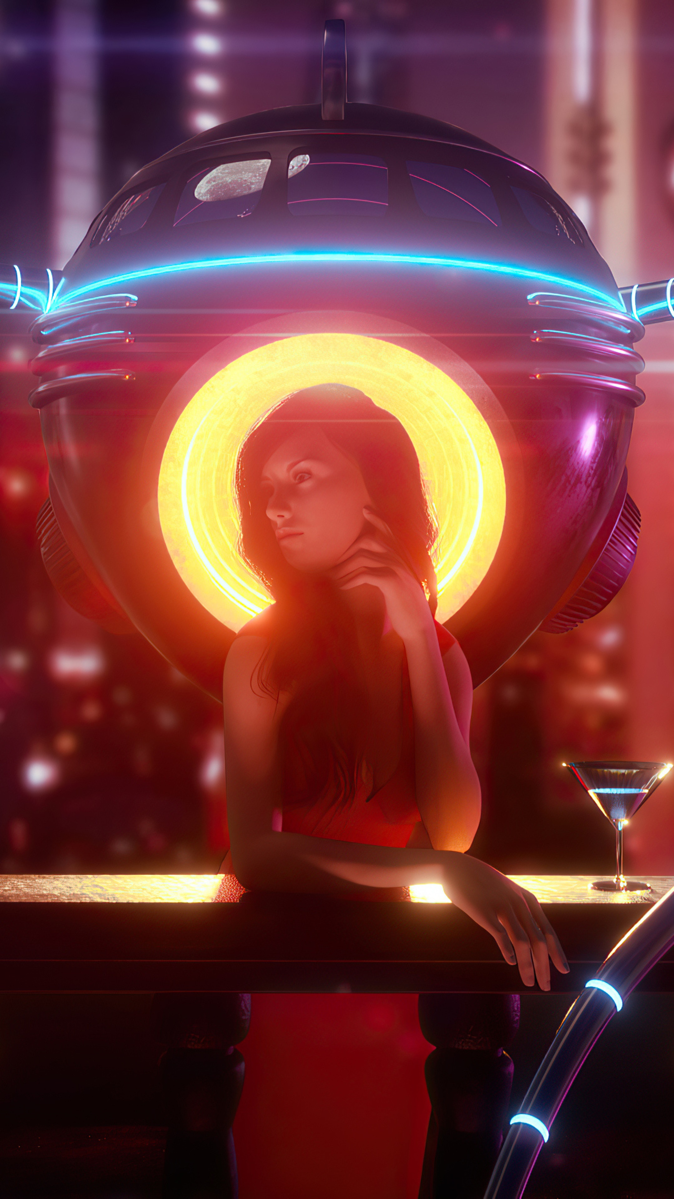 Woman in red dress in futuristic bar HD Phone Wallpaper