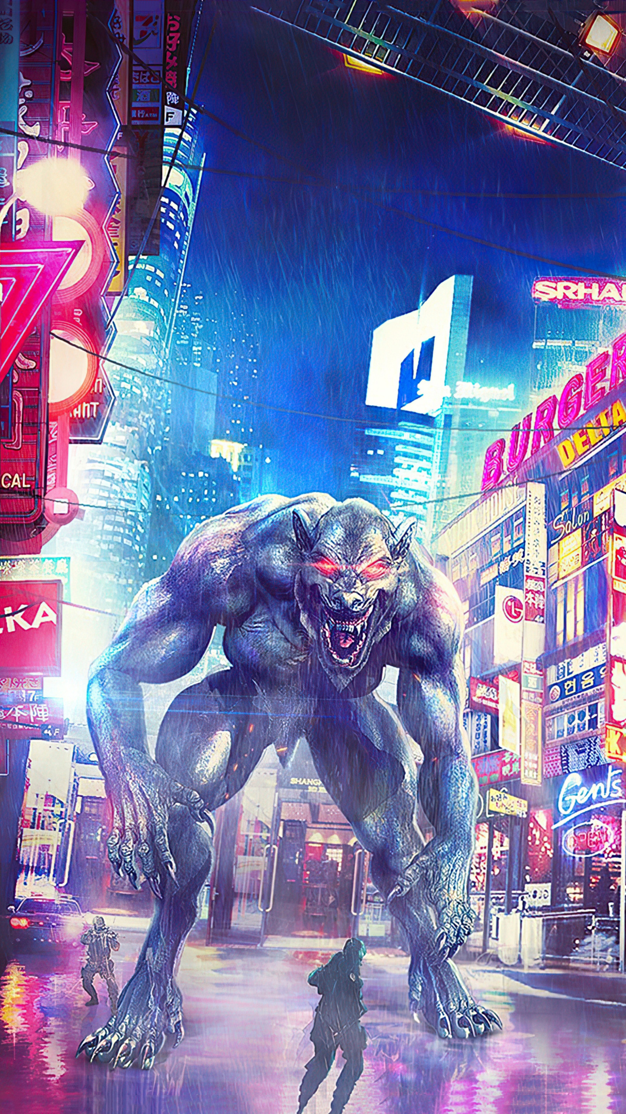 Werewolf creature in a neon-lit city street HD Phone Wallpaper