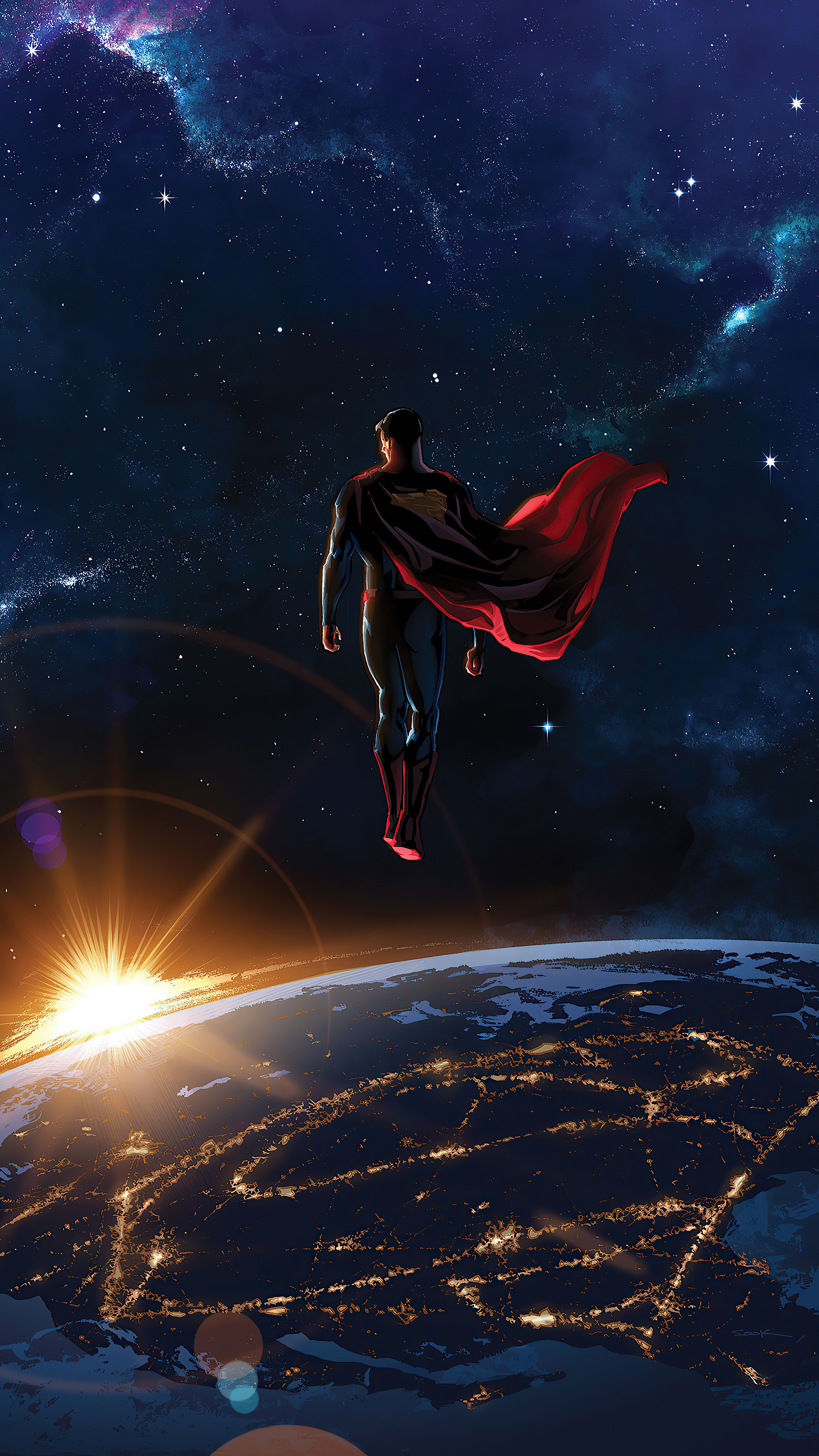 Superman flying over Earth with sunrise and galaxy HD Phone Wallpaper