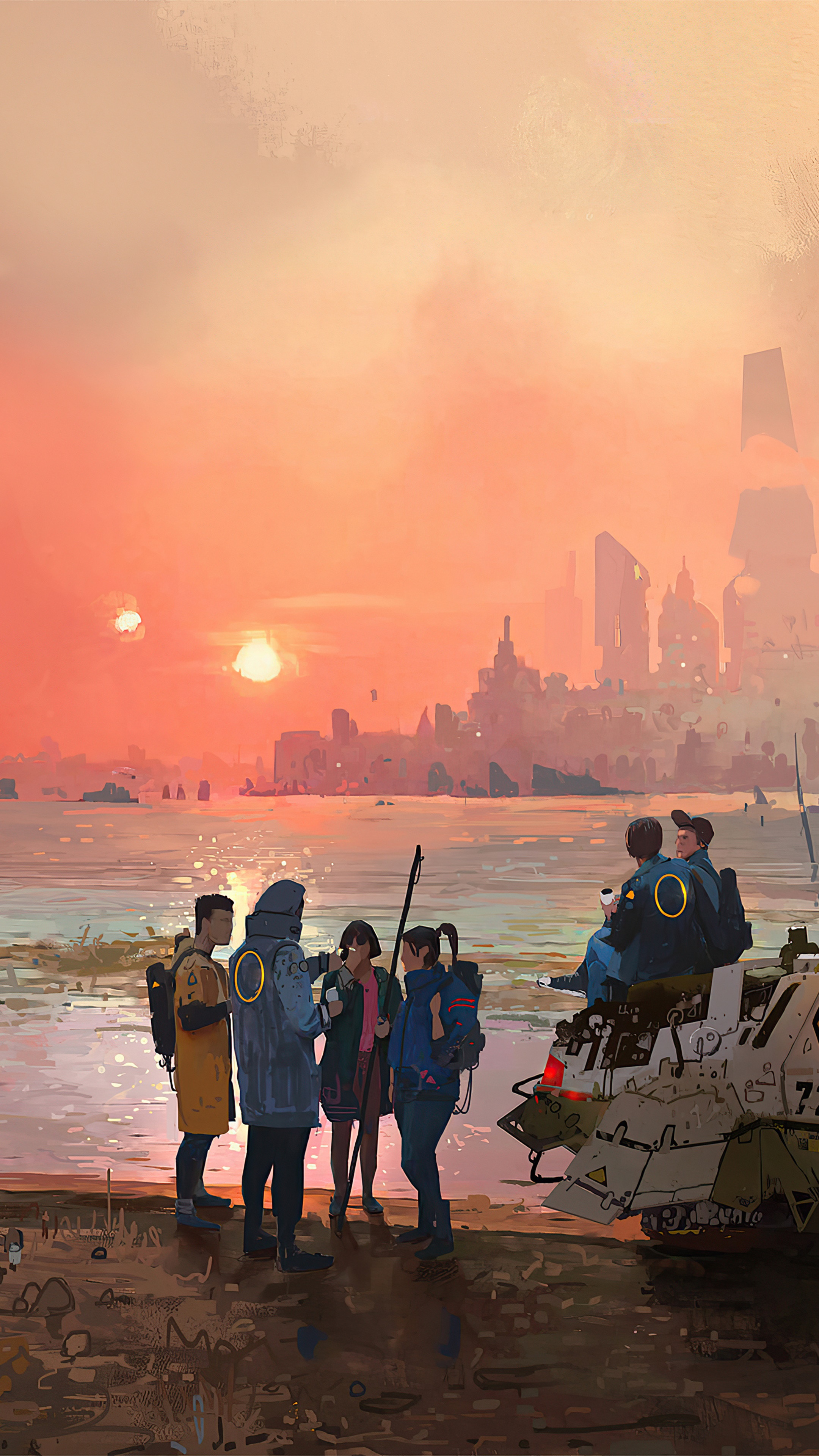 Sci-fi artwork of people on a beach at sunset HD Phone Wallpaper