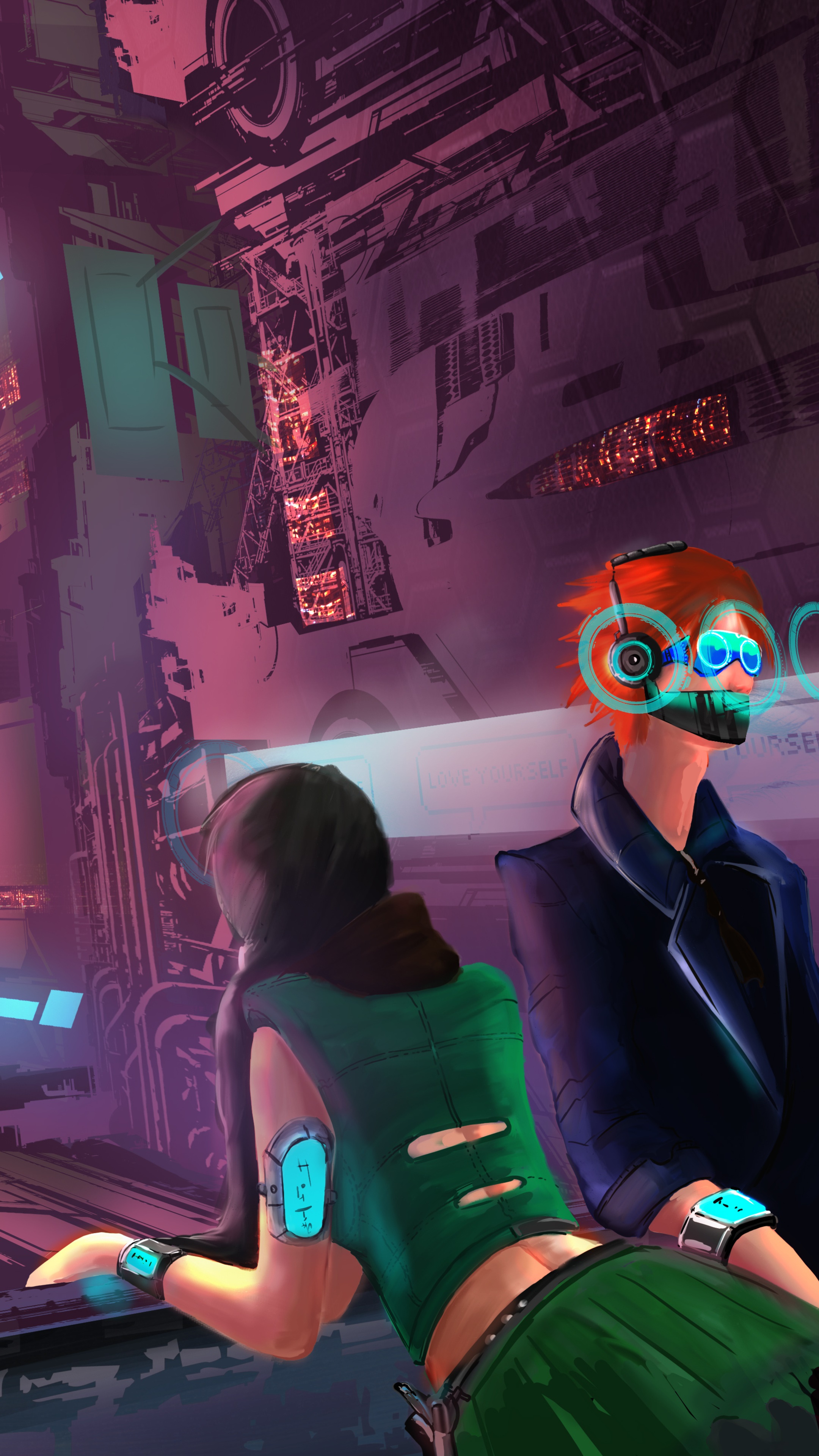 Two people in a futuristic city HD Phone Wallpaper