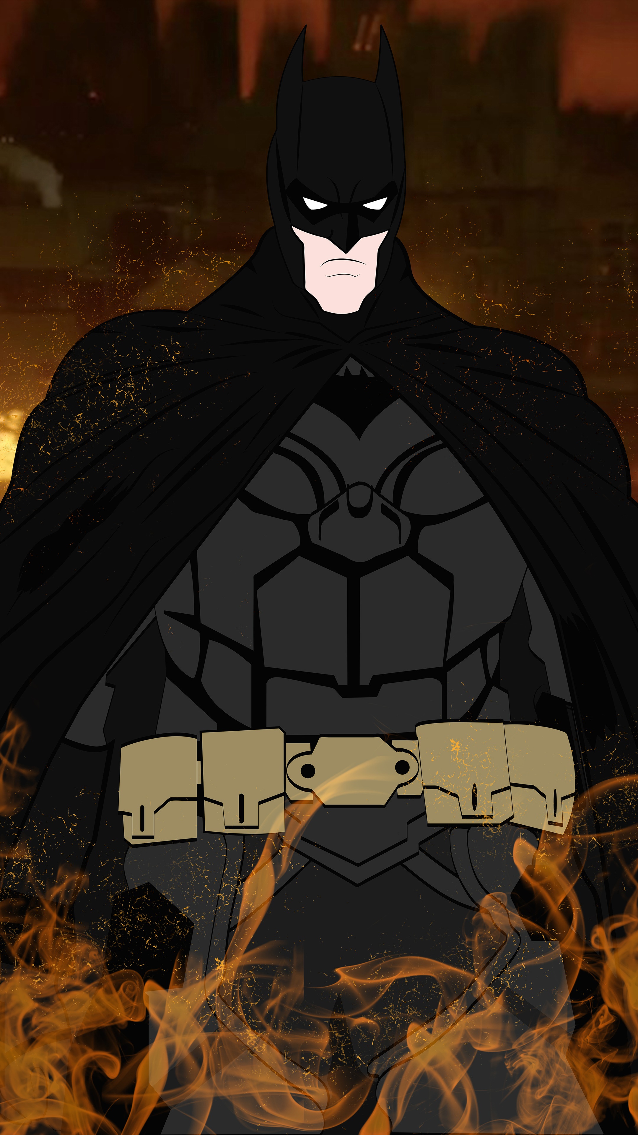 Batman in dark armor with fire background HD Phone Wallpaper
