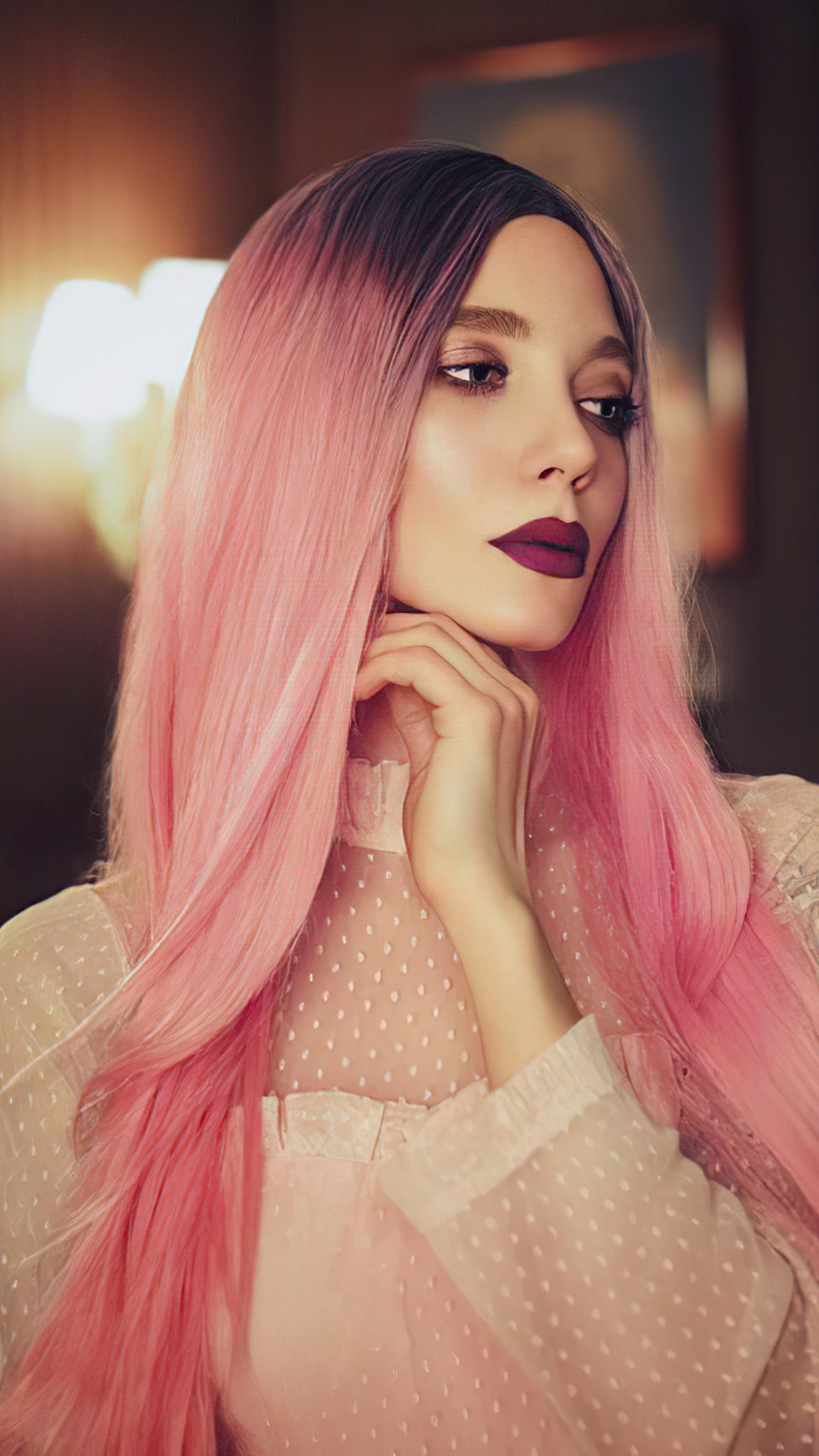 Woman with pink hair and dark lipstick HD Phone Wallpaper