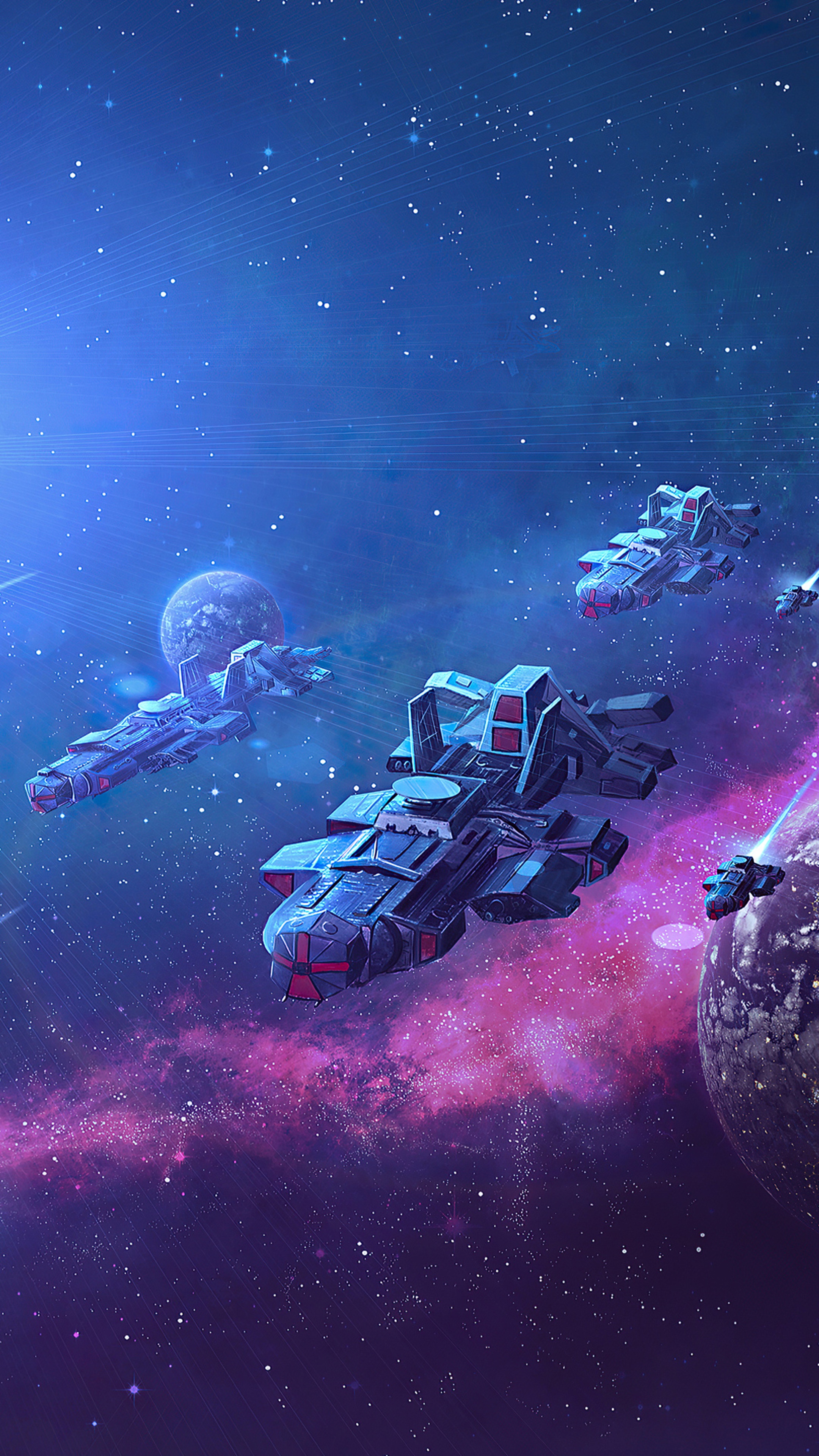 Spaceships in a nebula with planets HD Phone Wallpaper