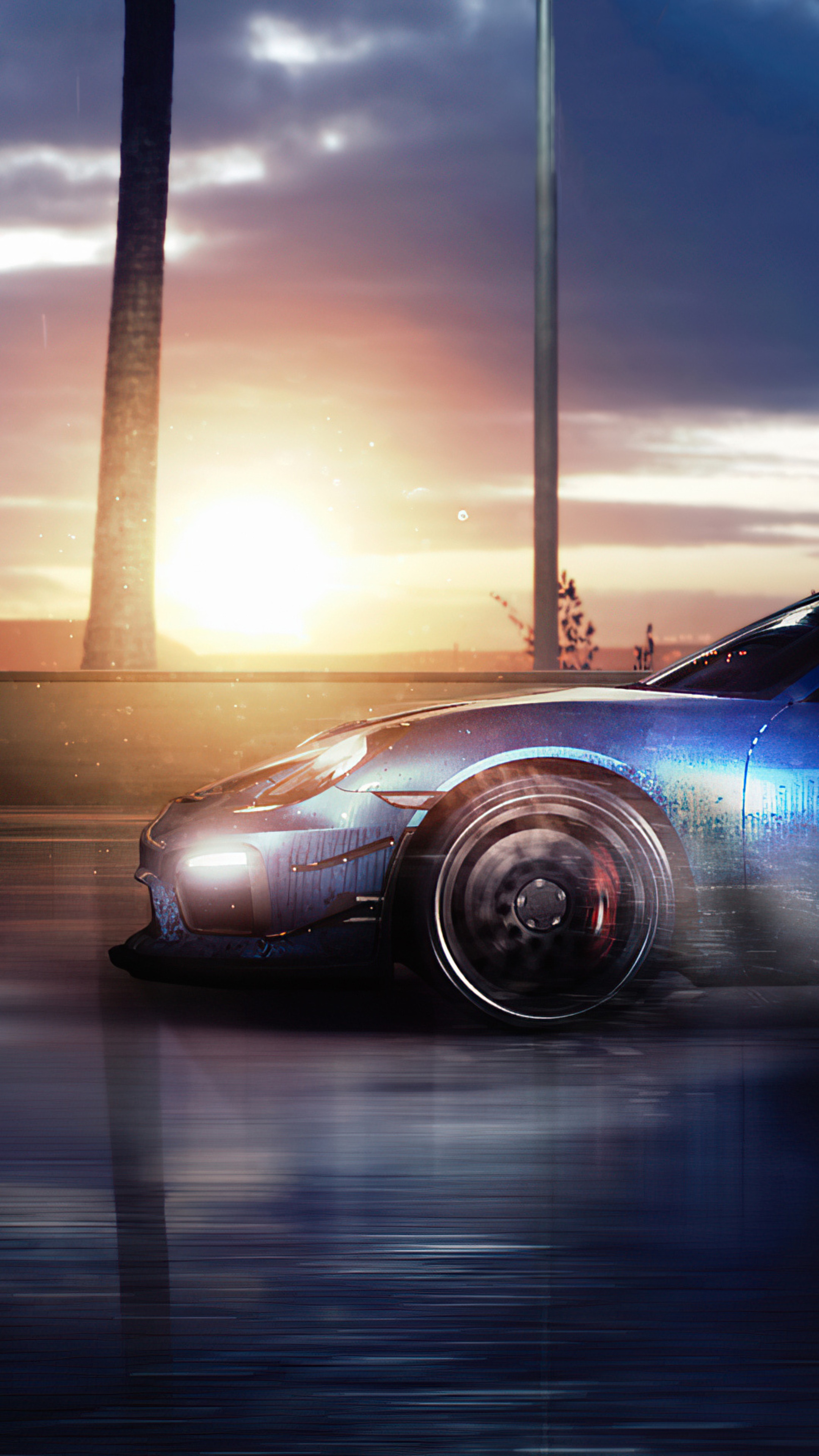 Blue Porsche Cayman driving at sunset HD Phone Wallpaper