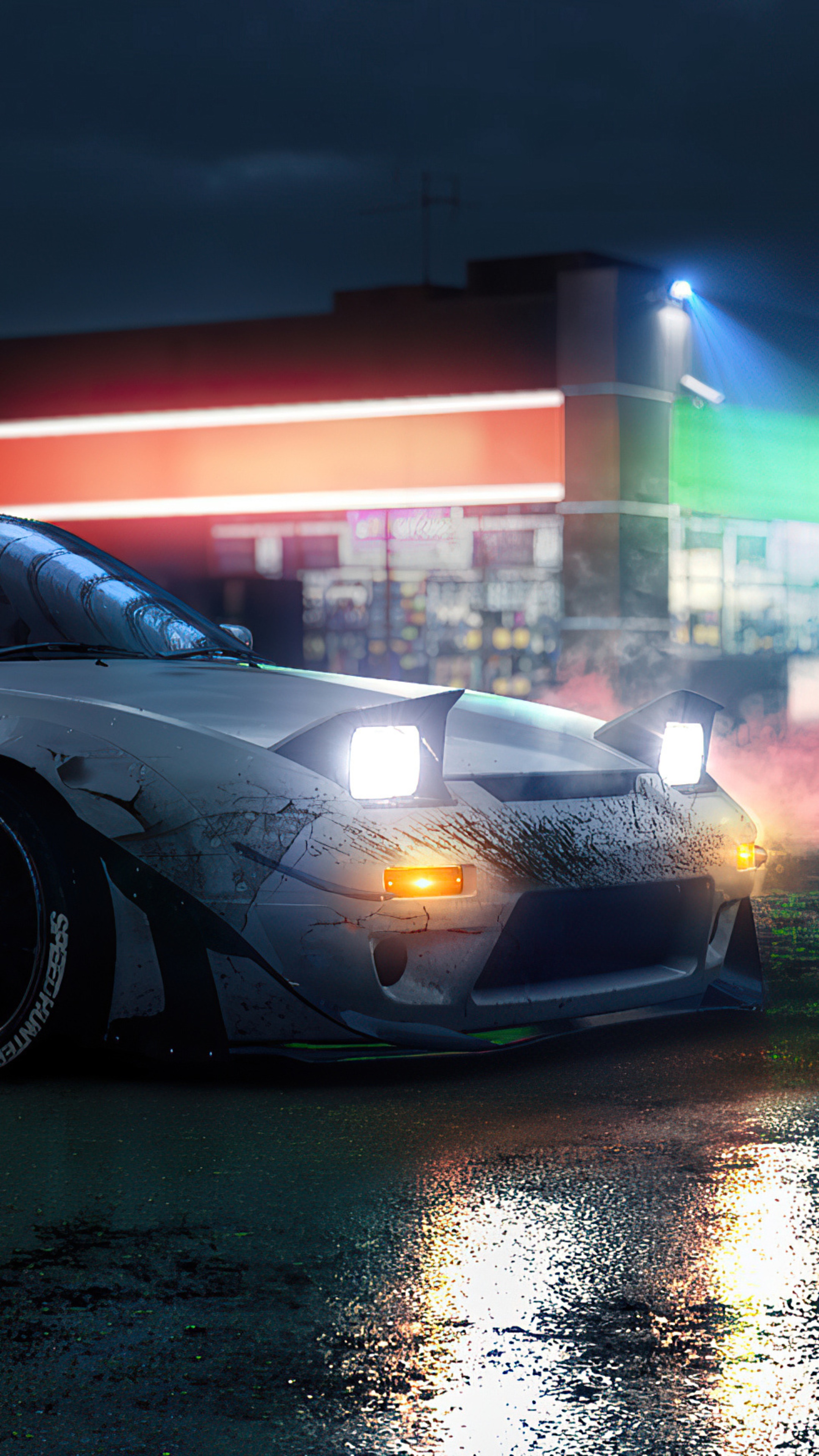 Digital art of a damaged car with pop-up headlights HD Phone Wallpaper