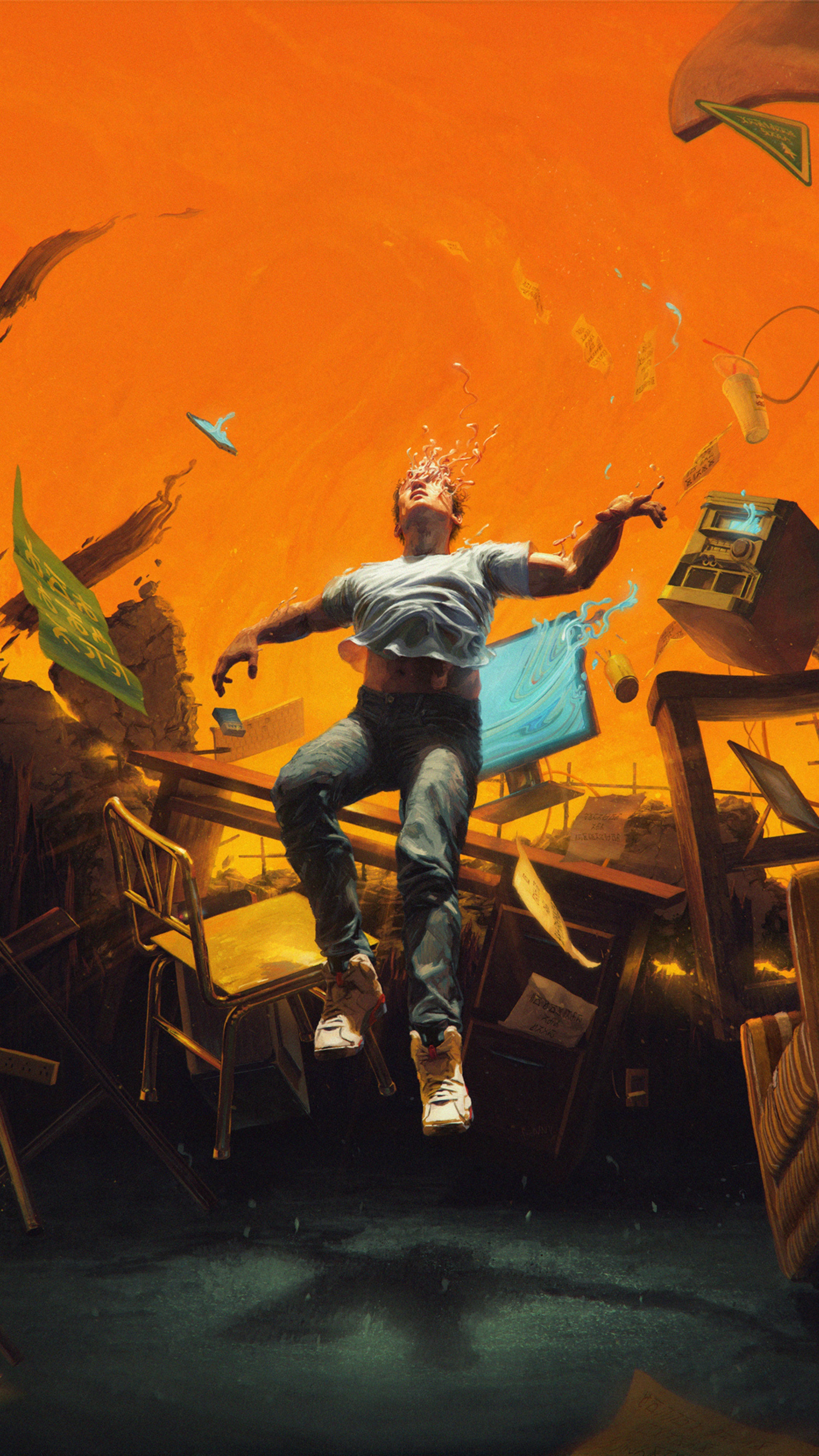 Man falling amidst debris and office supplies HD Phone Wallpaper
