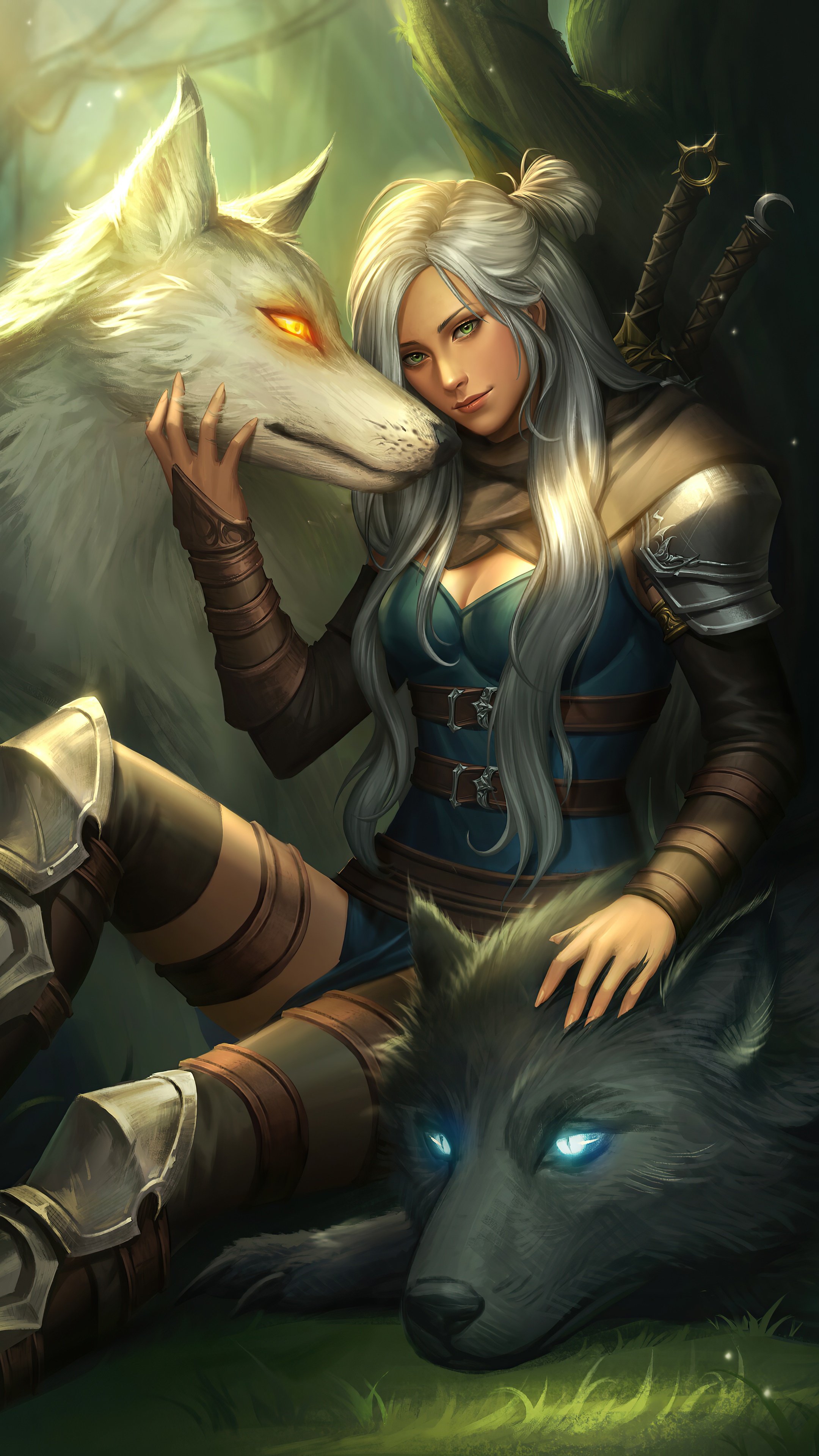 Artwork of a woman with two wolves HD Phone Wallpaper