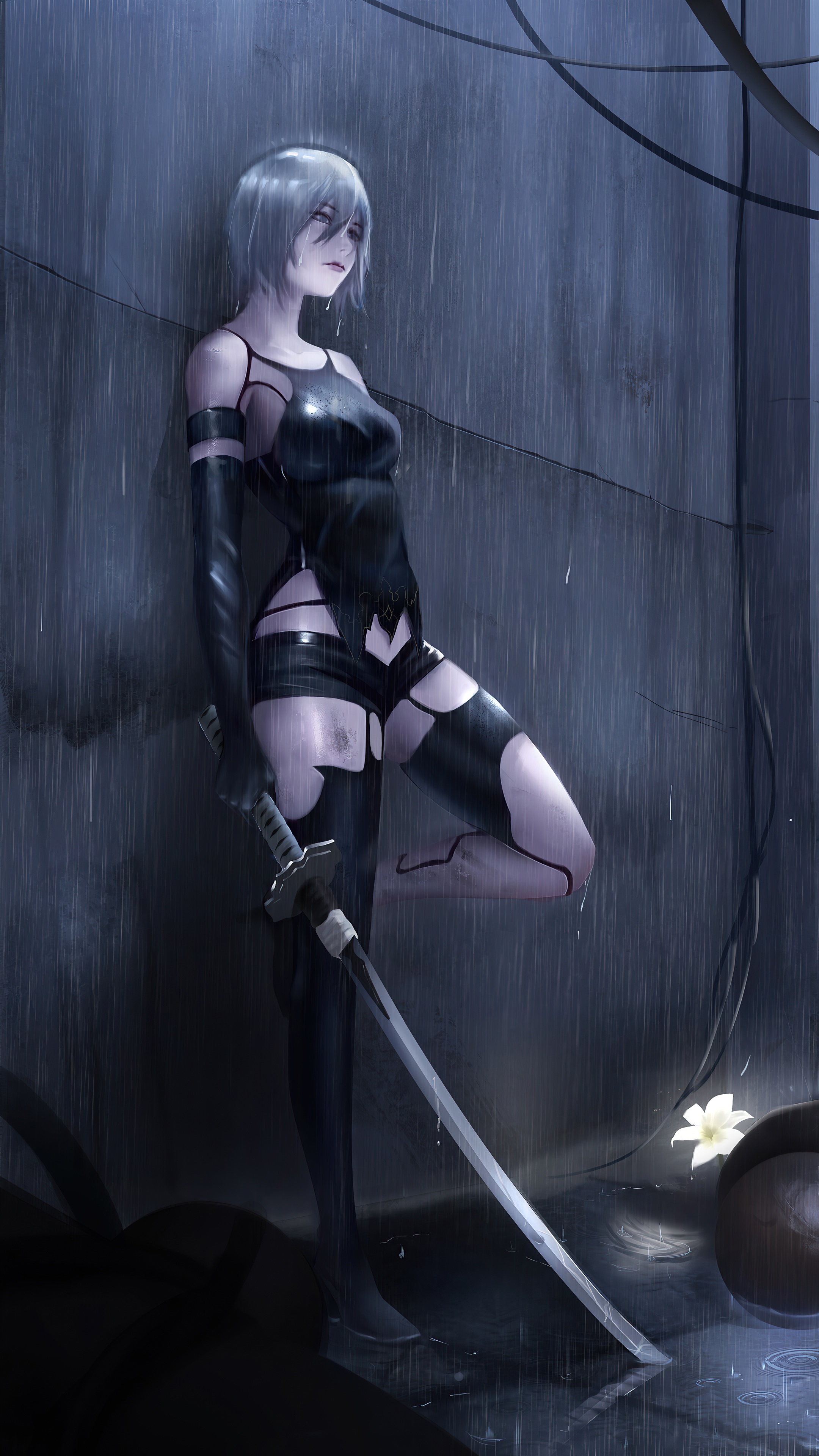 2B from Nier: Automata in the rain HD Phone Wallpaper