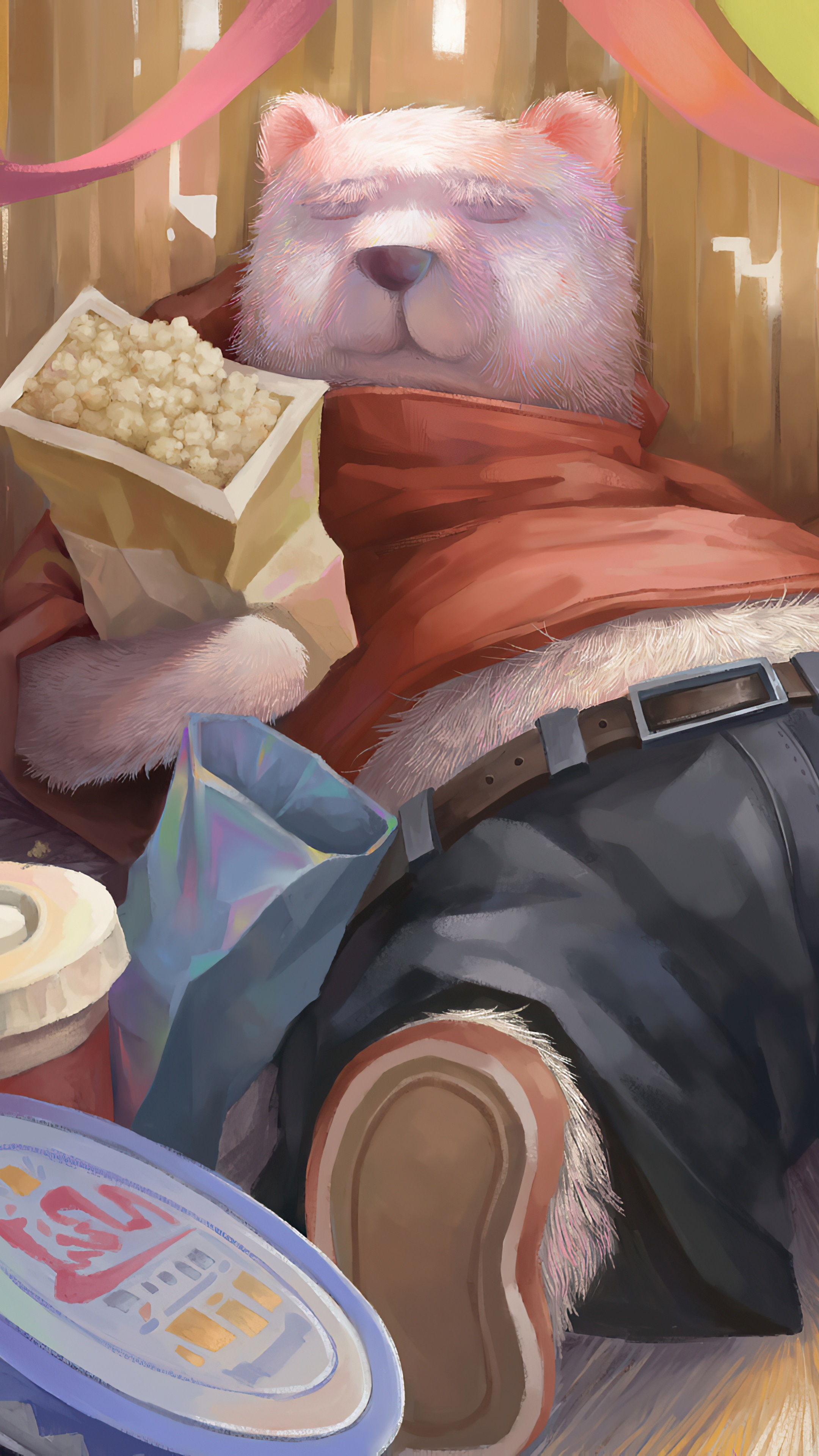 Artwork of a sleeping bear with popcorn HD Phone Wallpaper