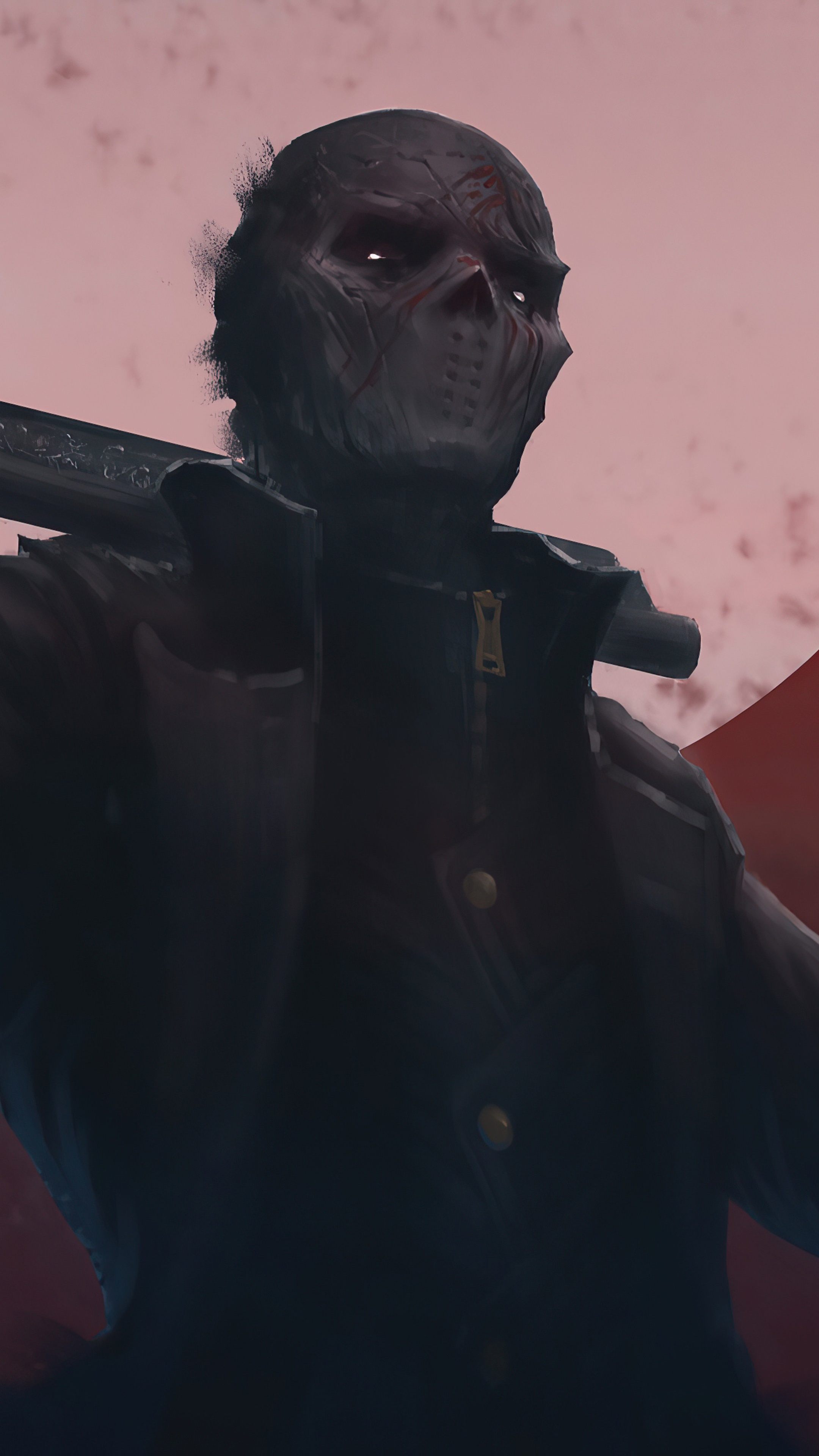 Artwork of a masked figure with a weapon HD Phone Wallpaper
