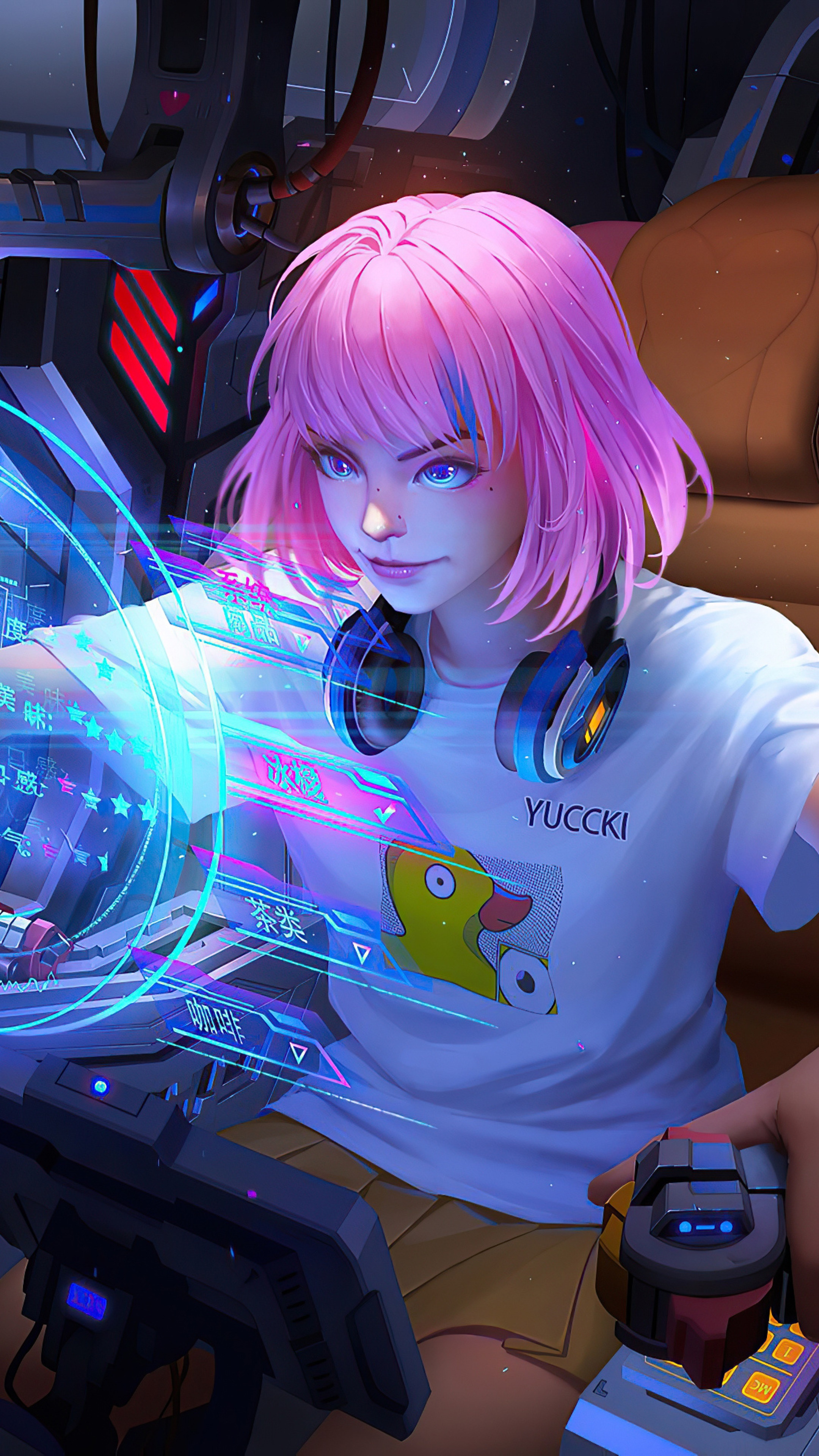 Girl with pink hair playing video games HD Phone Wallpaper