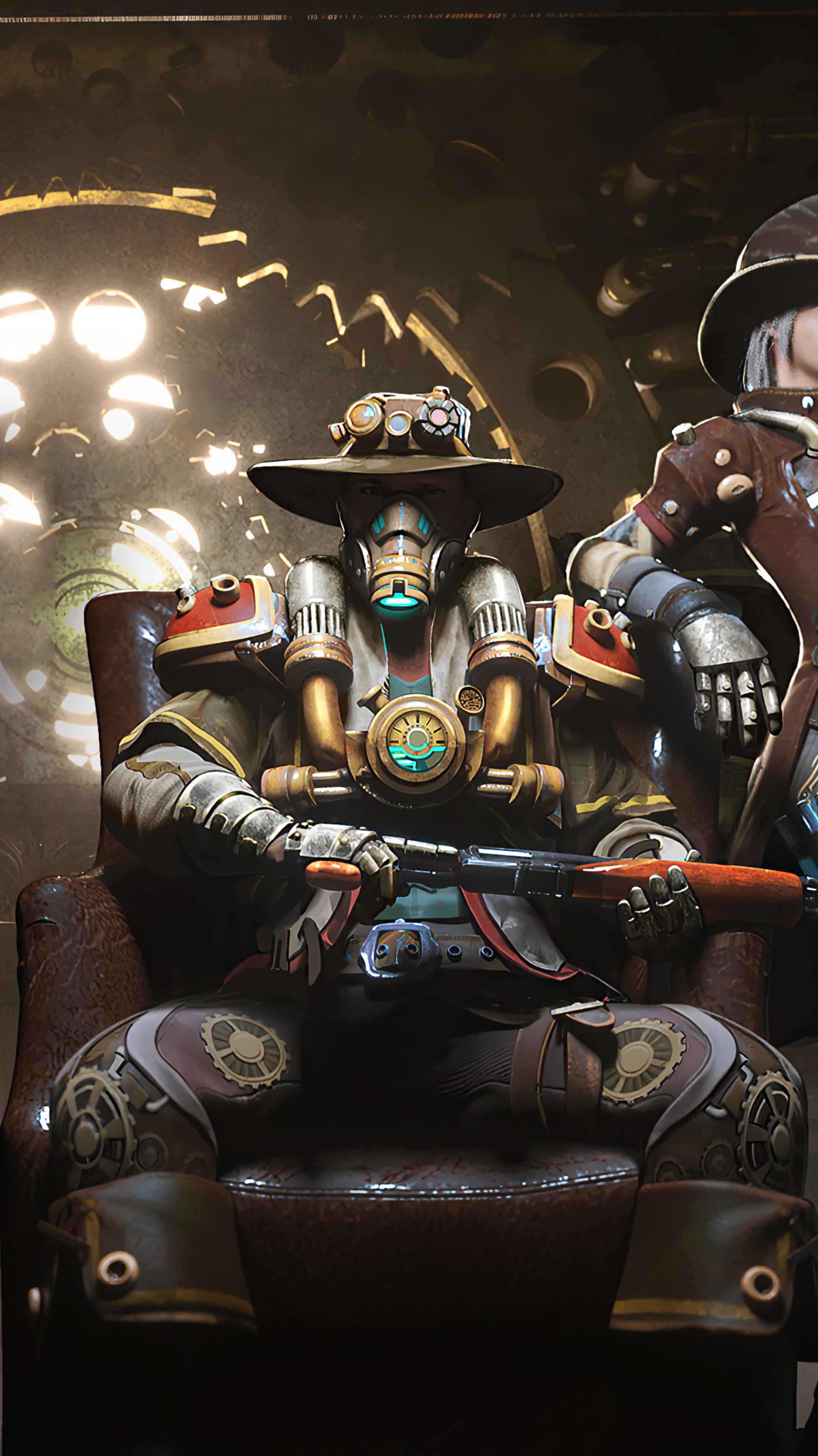 Steampunk character with rifle in a chair HD Phone Wallpaper