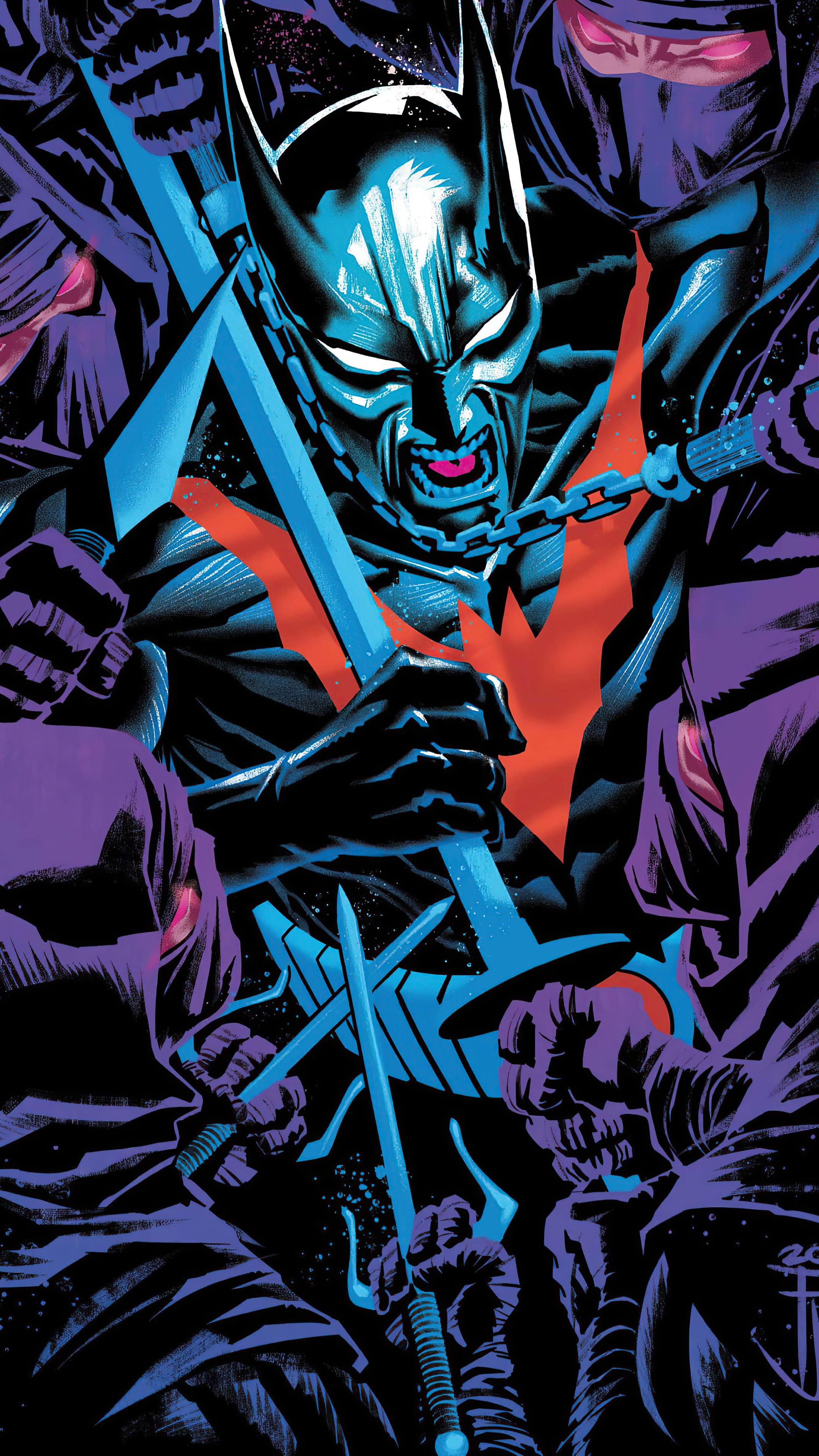 Batman Beyond fighting ninjas with swords HD Phone Wallpaper