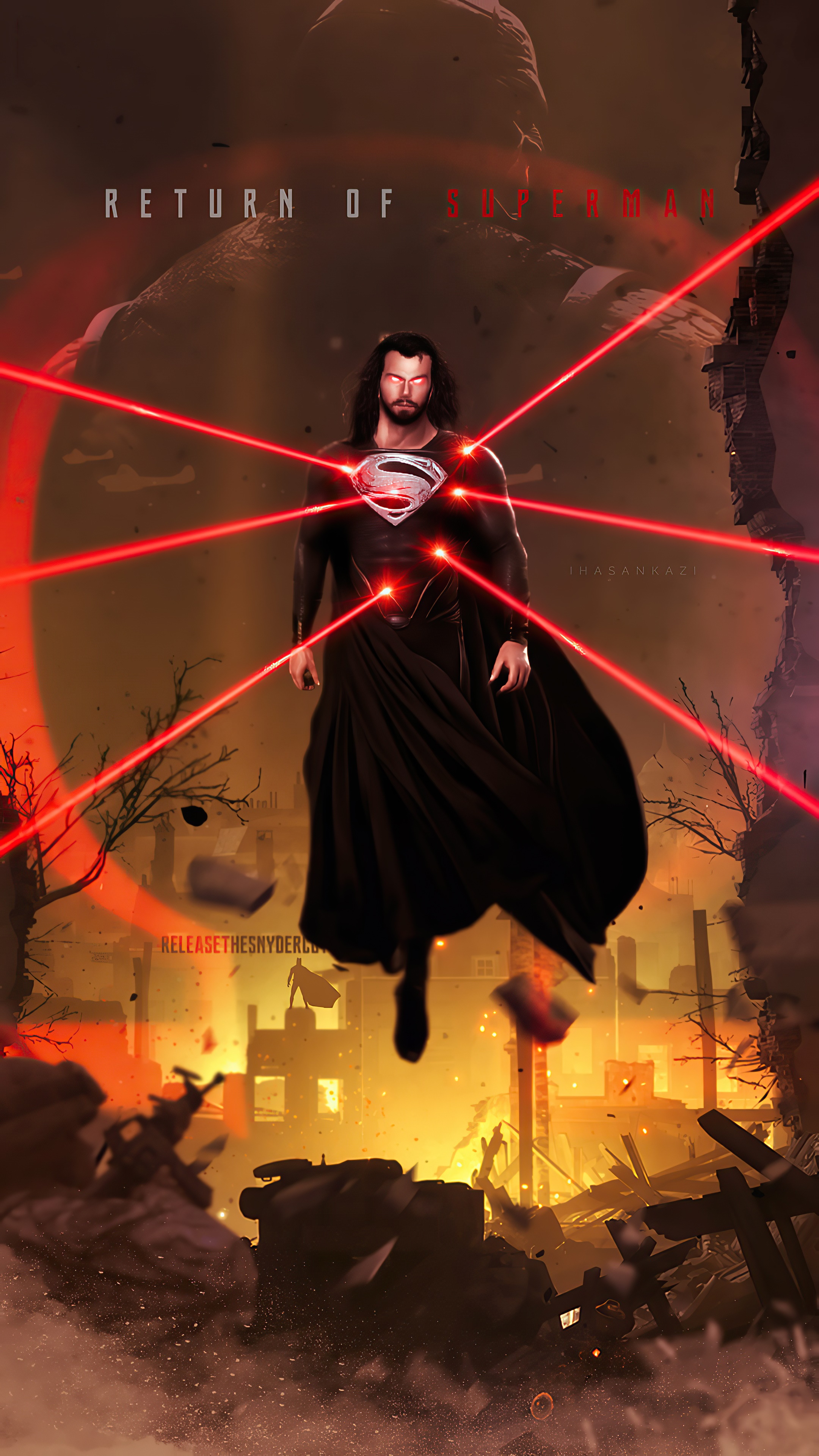 Superman from DC Comics in black suit with red lasers HD Phone Wallpaper