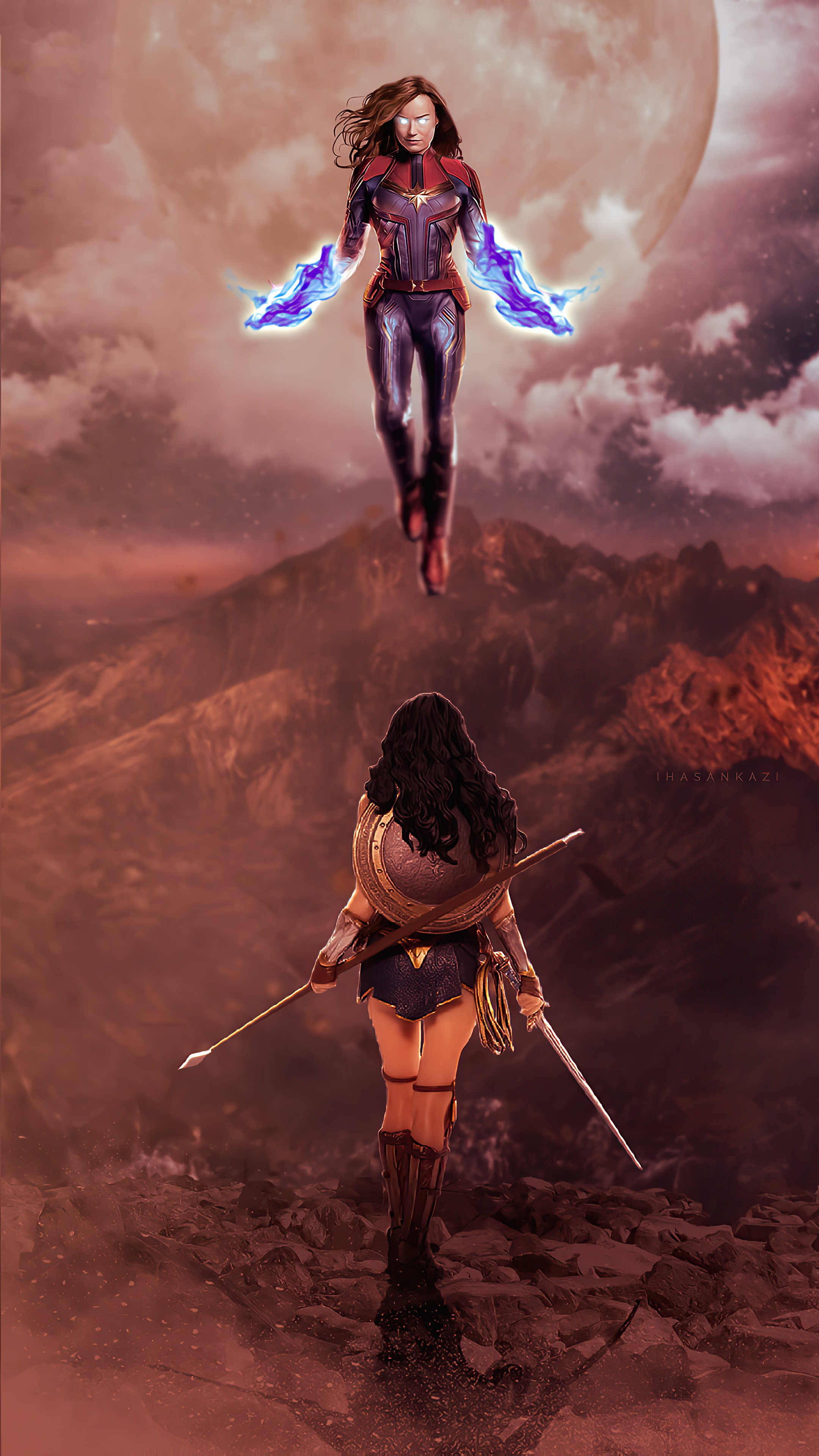 Captain Marvel vs. Wonder Woman artwork 4K HD Phone Wallpaper
