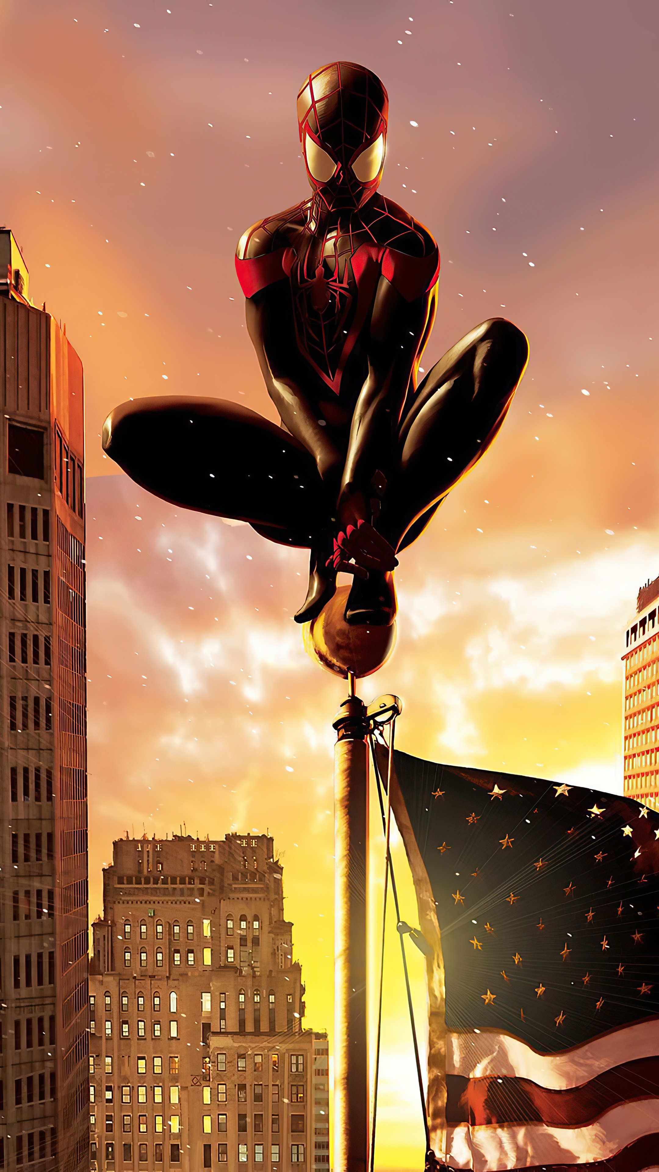 Spider-Man sitting on flagpole with American flag HD Phone Wallpaper