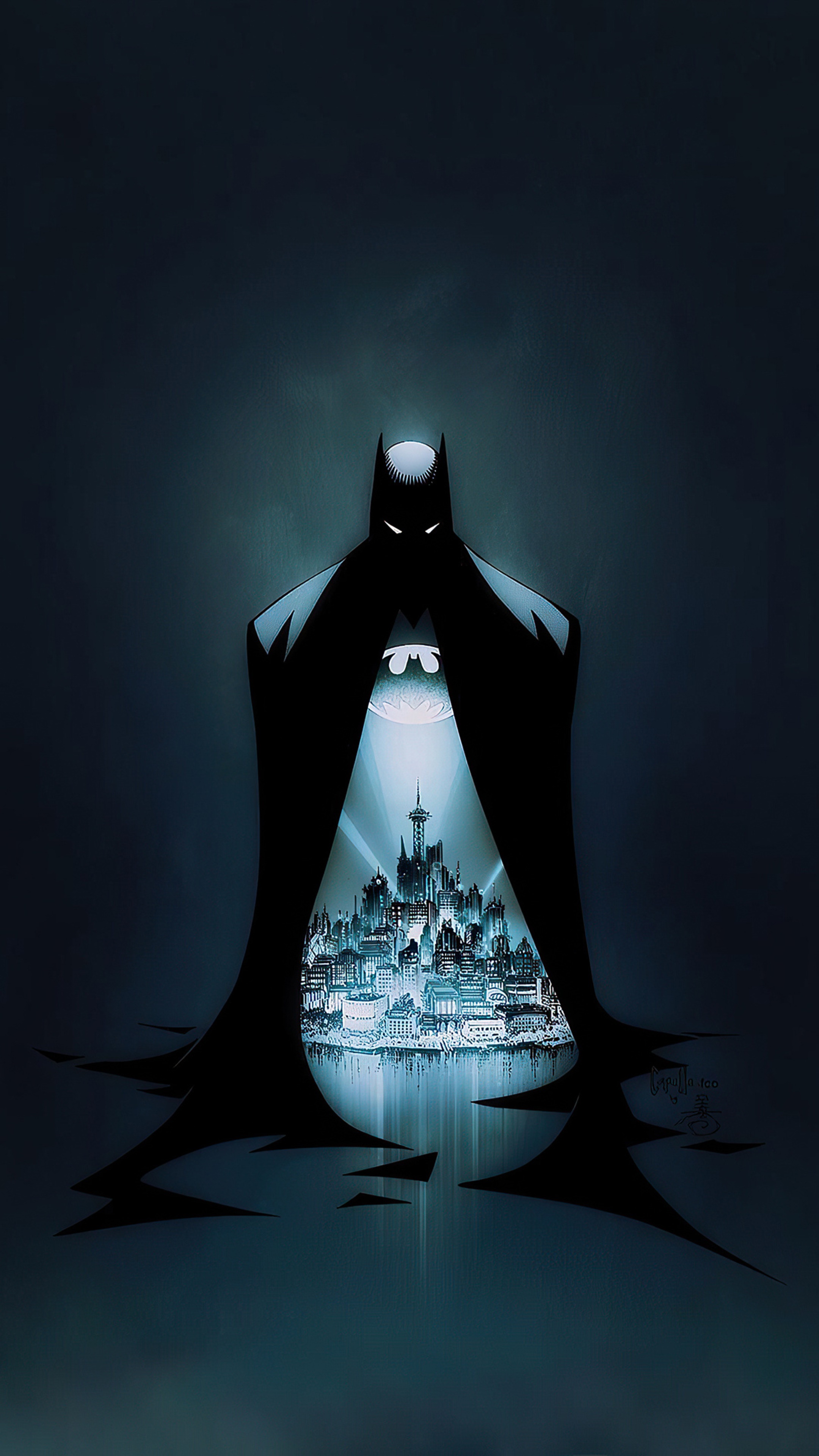 Batman silhouette with Gotham City inside HD Phone Wallpaper