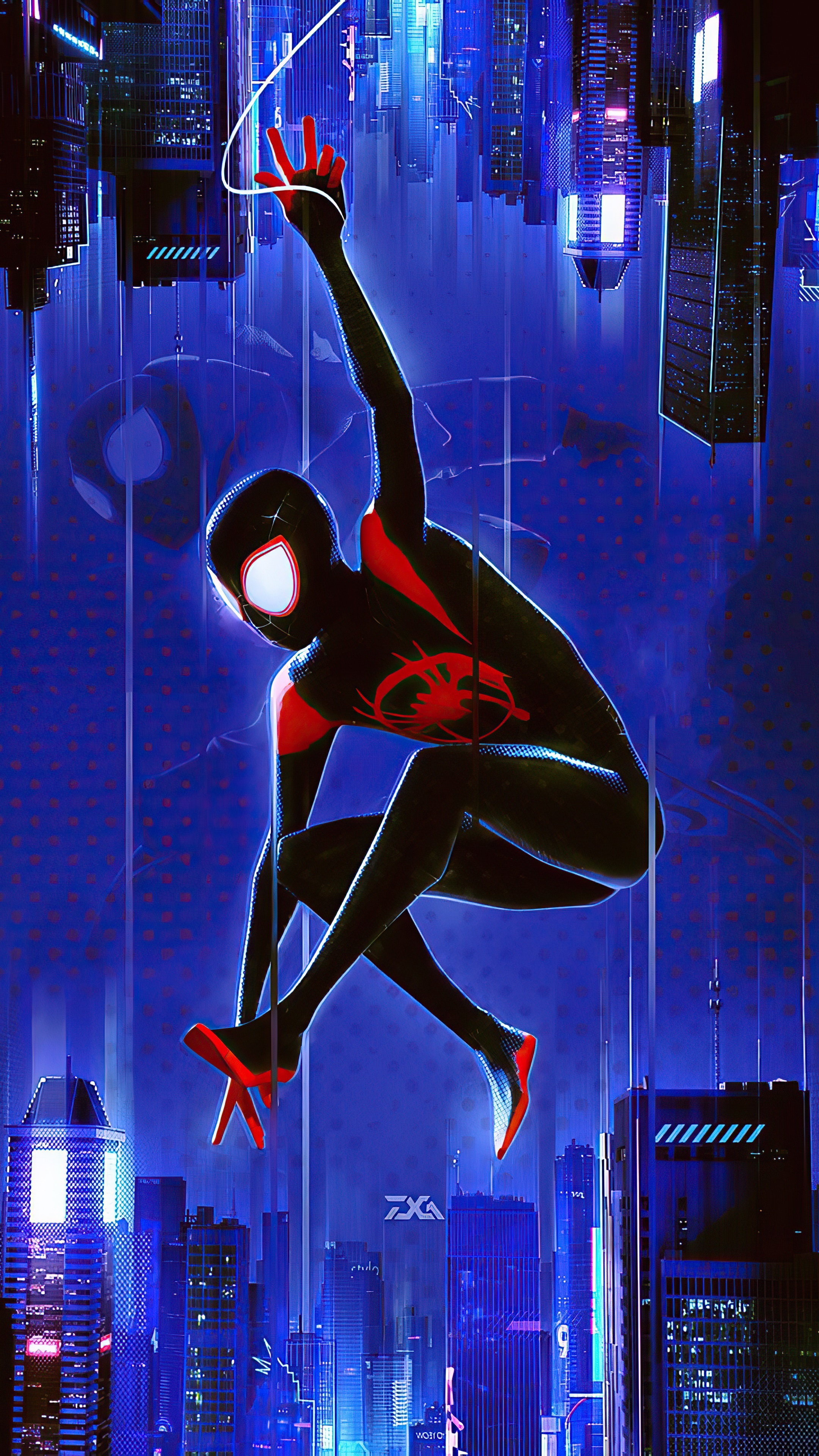 Miles Morales Spider-Man swinging through a futuristic city HD Phone Wallpaper