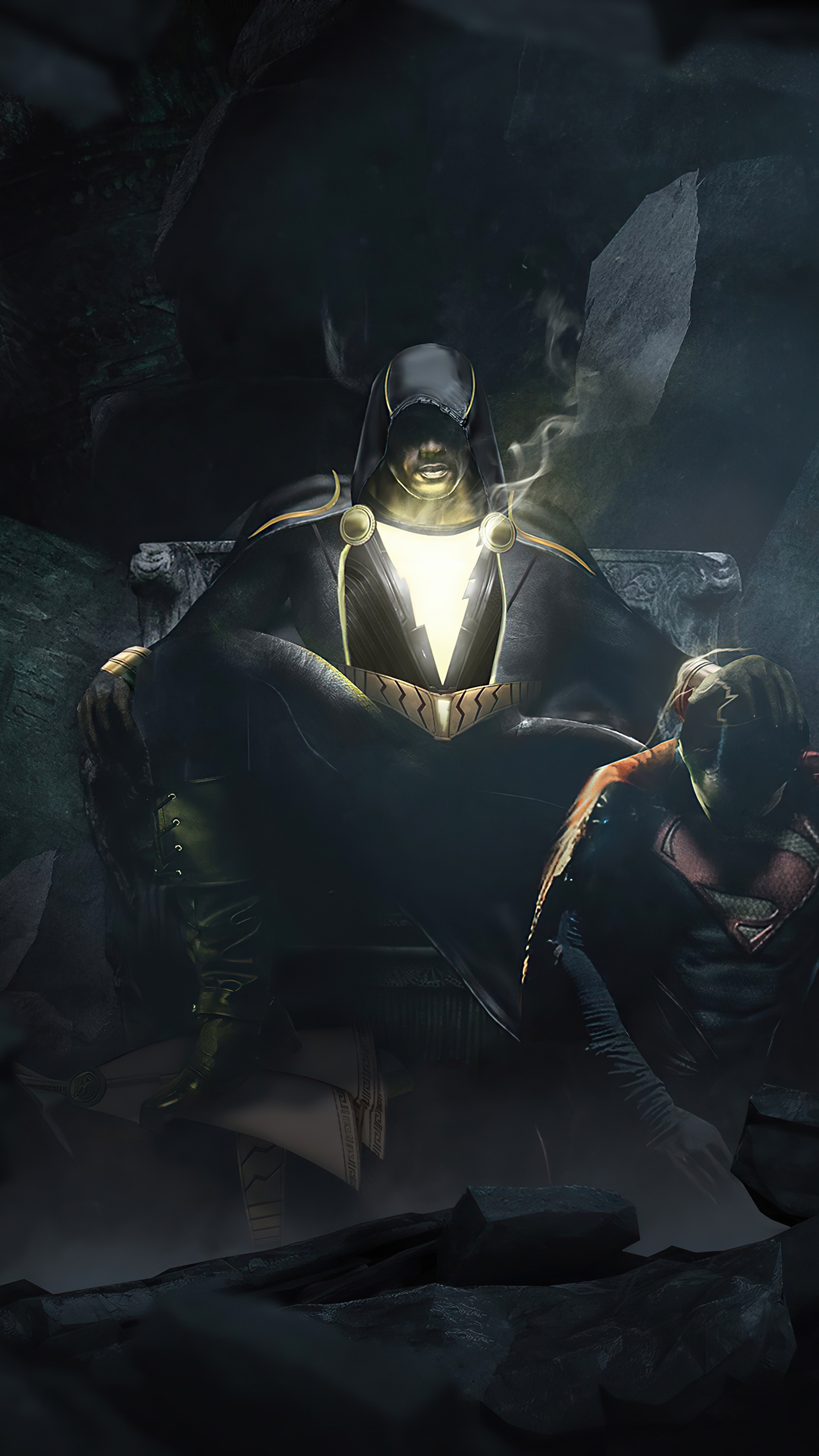 Black Adam sitting on a throne with Superman defeated HD Phone Wallpaper