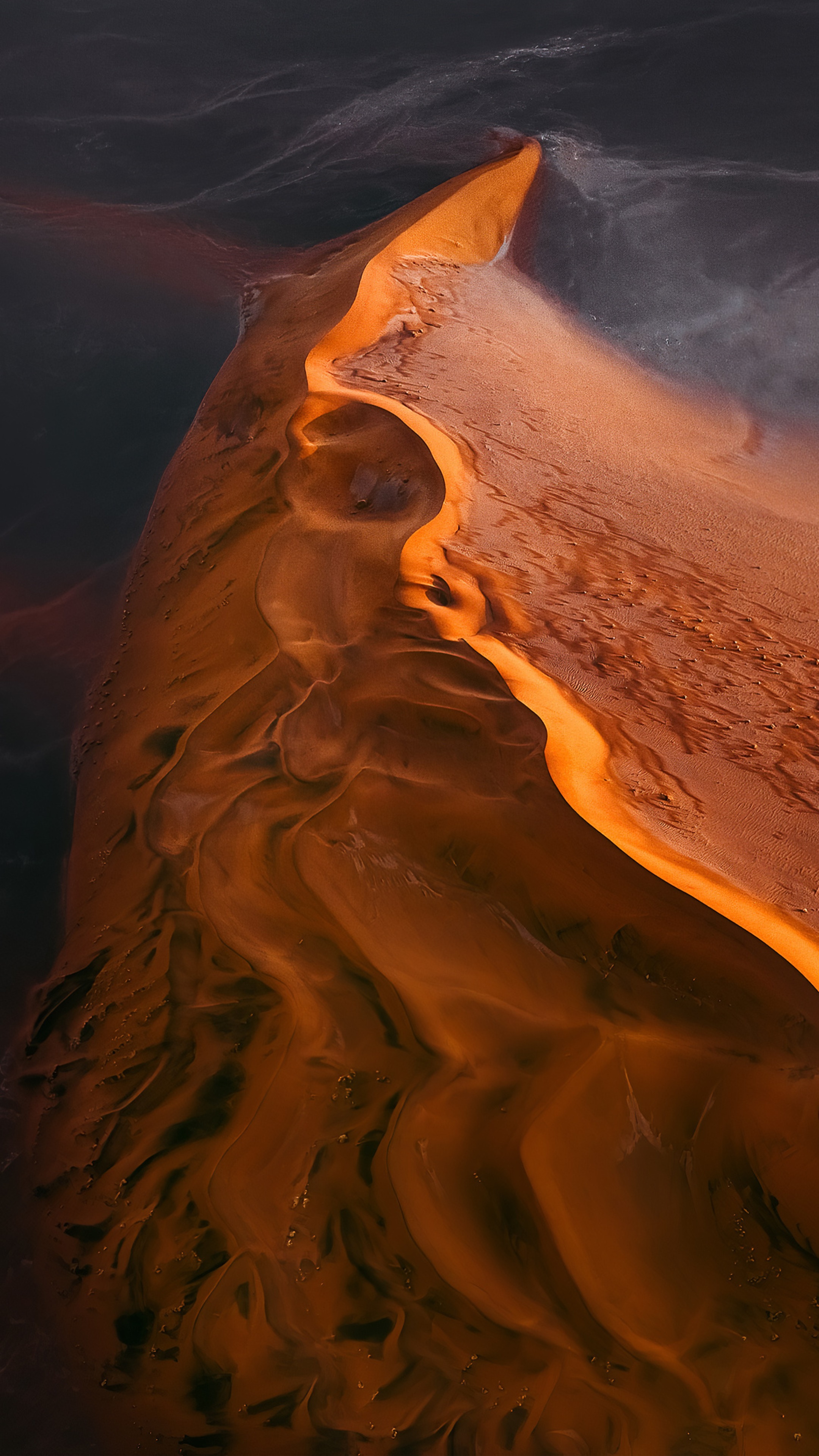 Aerial view of desert sand dunes and water HD Phone Wallpaper