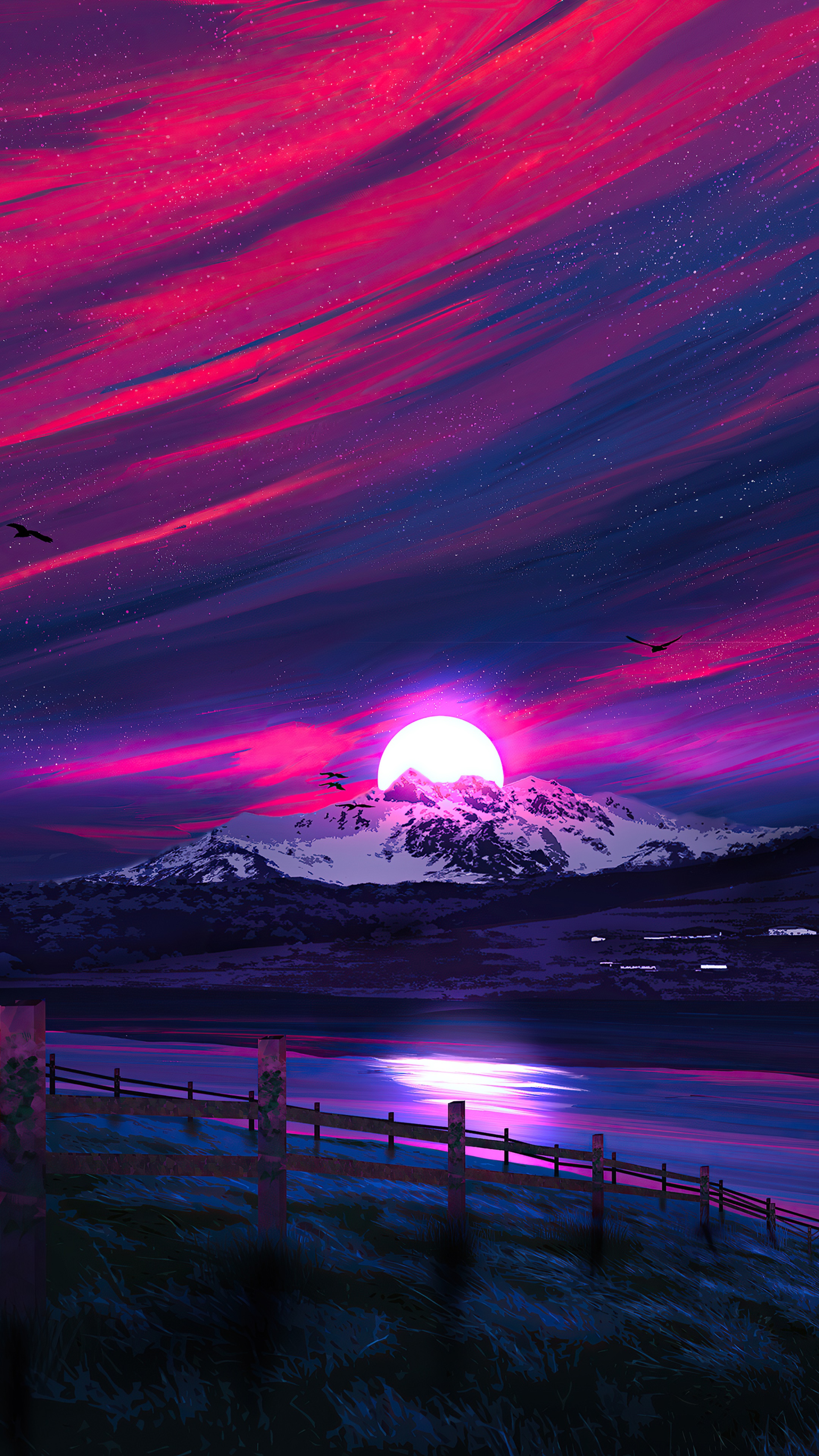 Digital art of a mountain sunset with a lake HD Phone Wallpaper