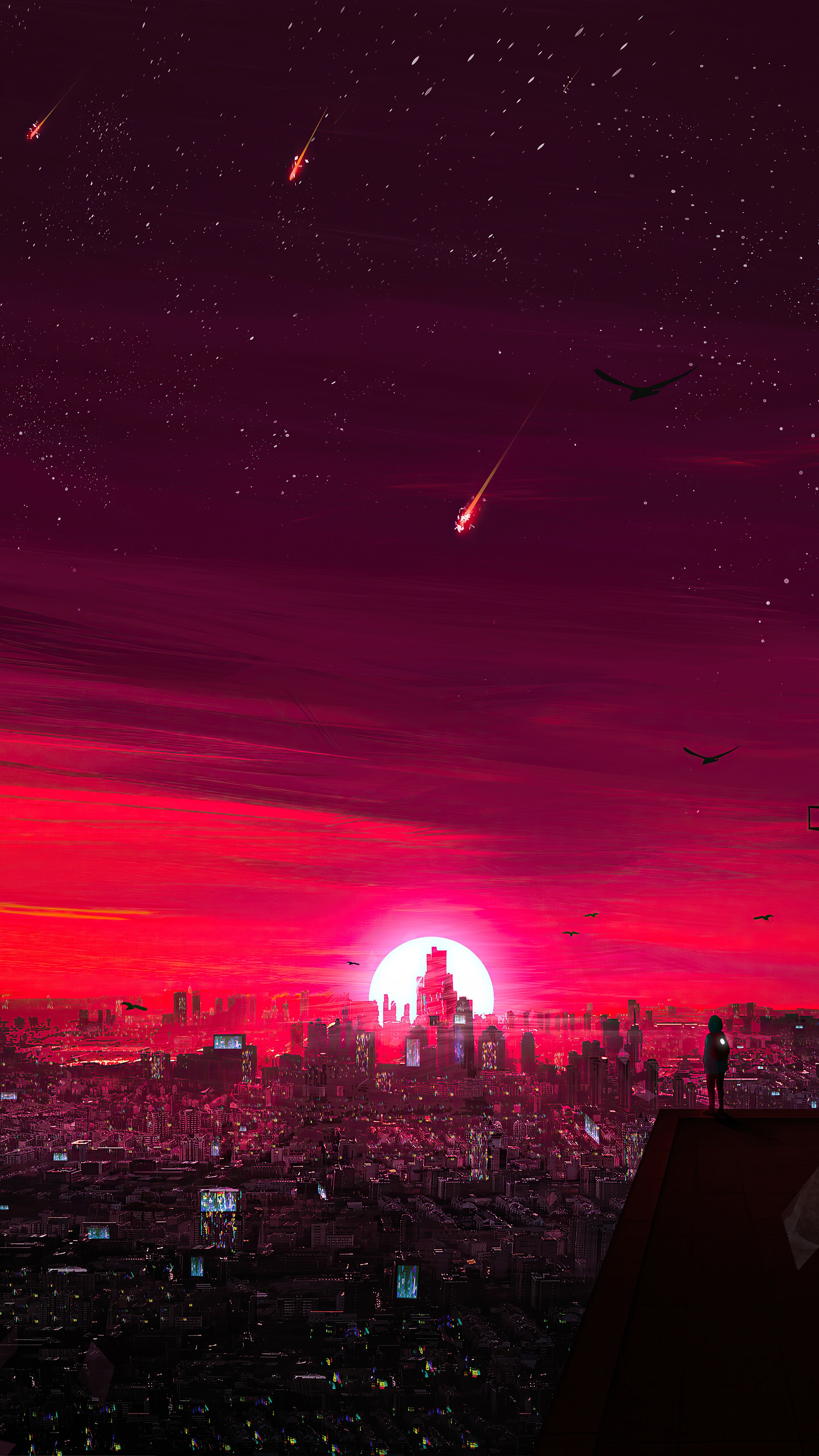 Cyberpunk city at sunrise with falling stars HD Phone Wallpaper