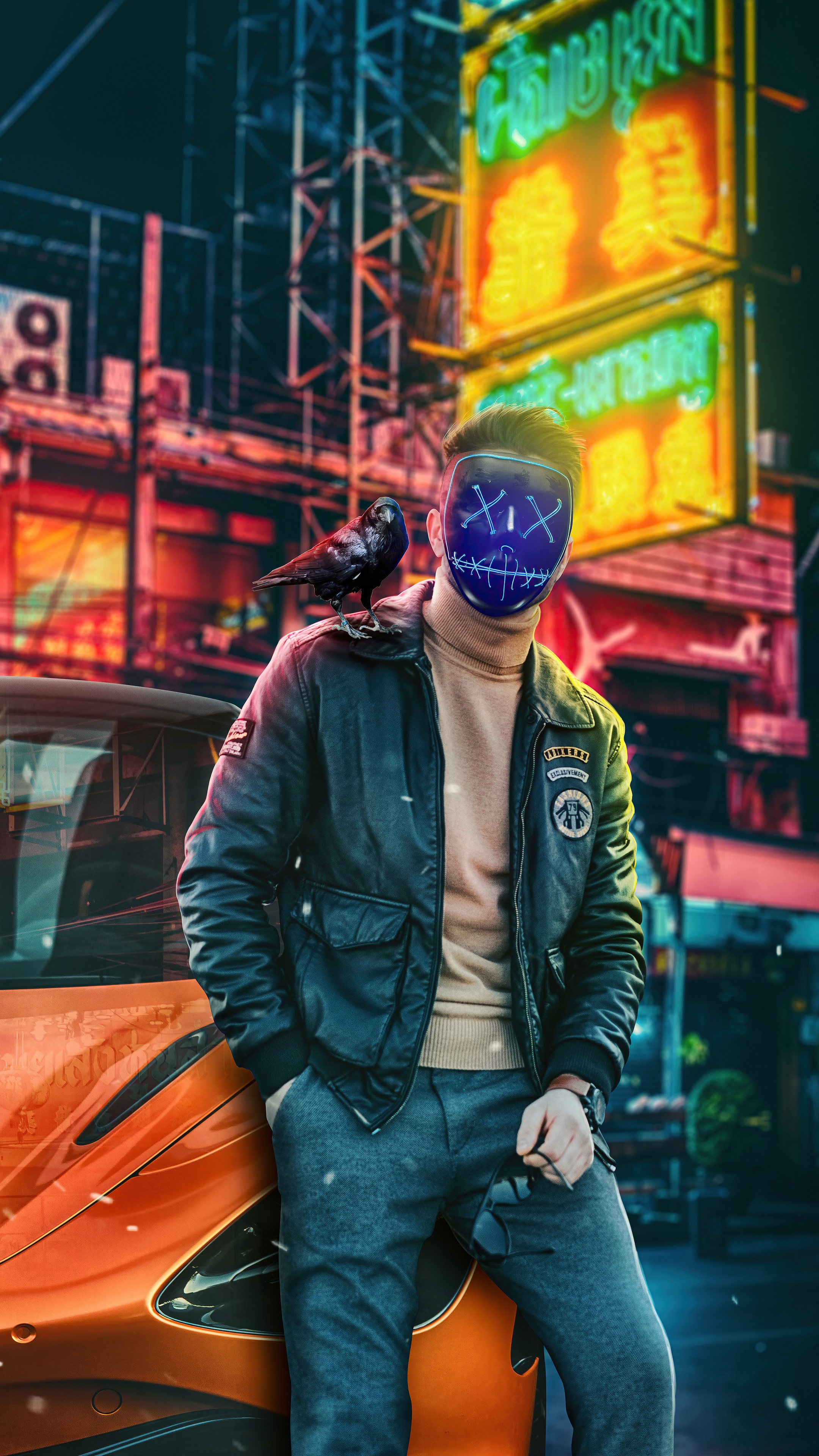 Man with a mask and a raven in a neon city HD Phone Wallpaper