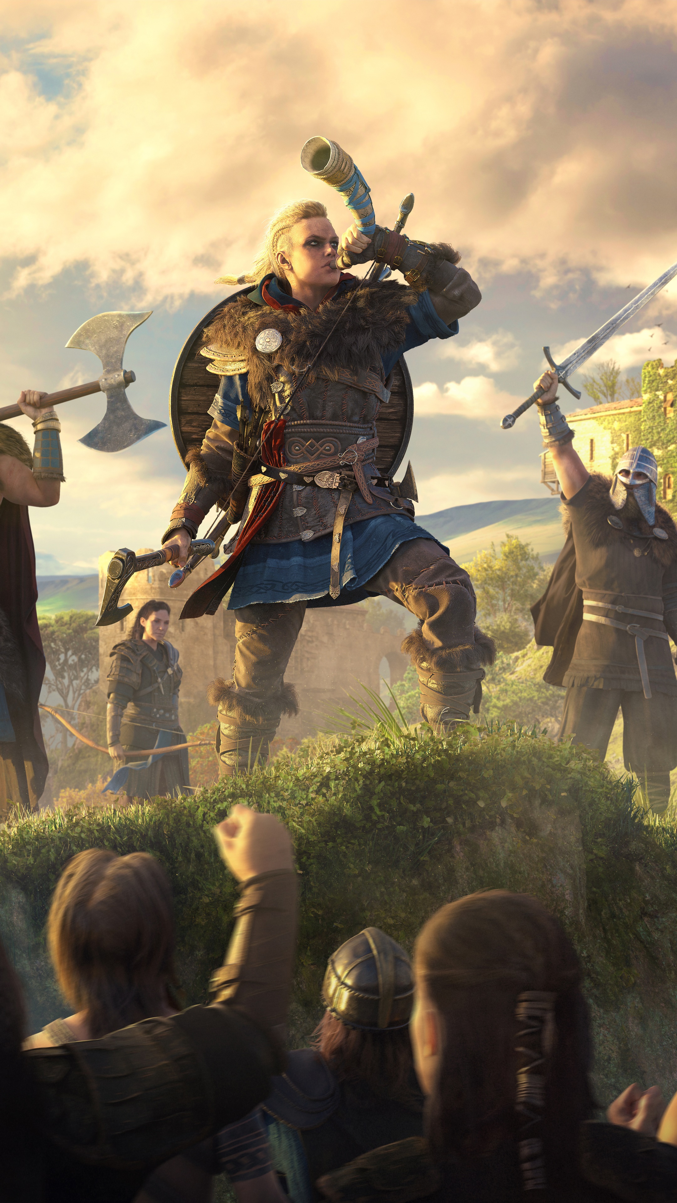 Eivor from Assassin's Creed Valhalla blowing a horn HD Phone Wallpaper