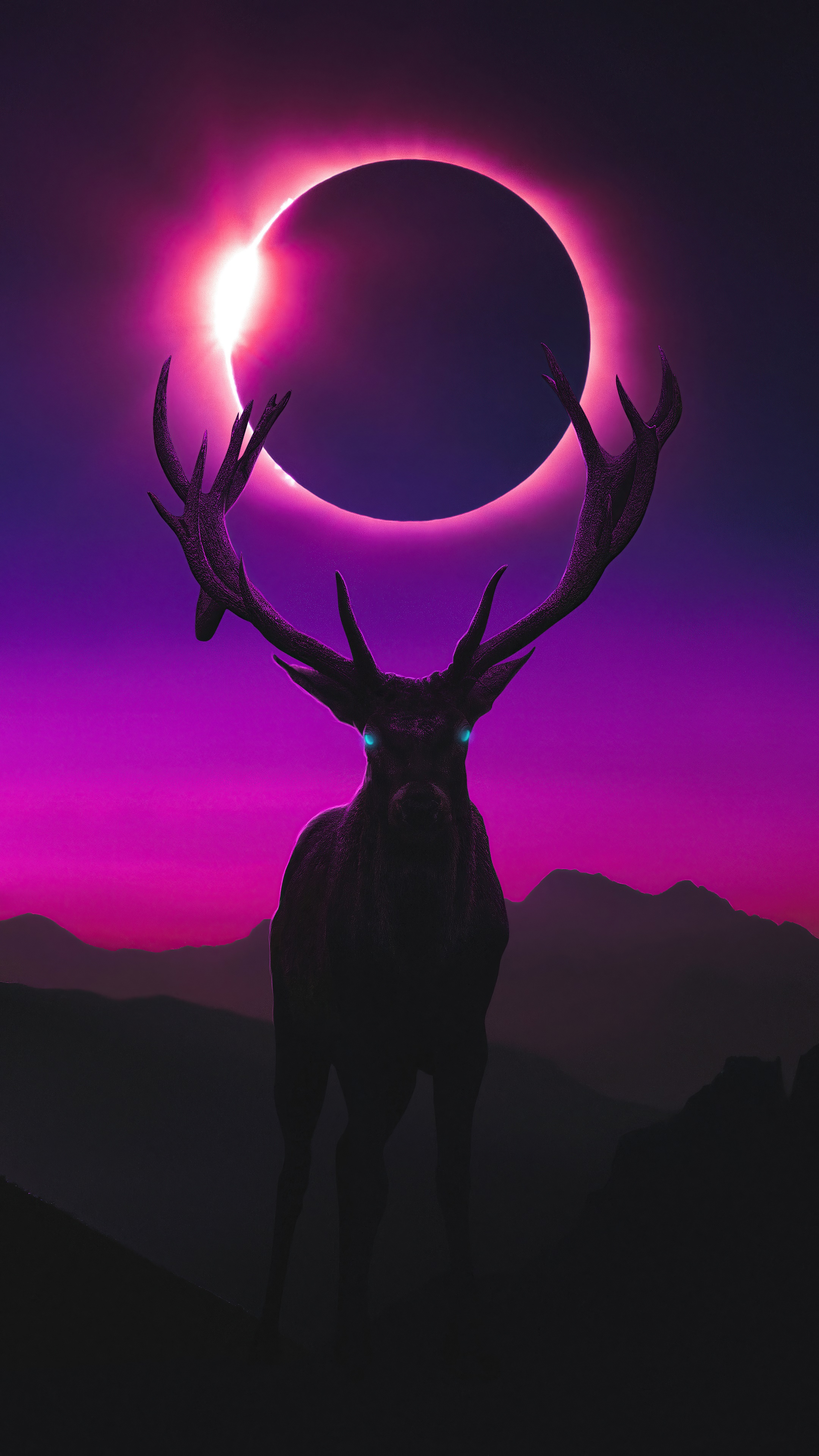 Digital art of a reindeer with glowing eyes during an eclipse HD Phone Wallpaper