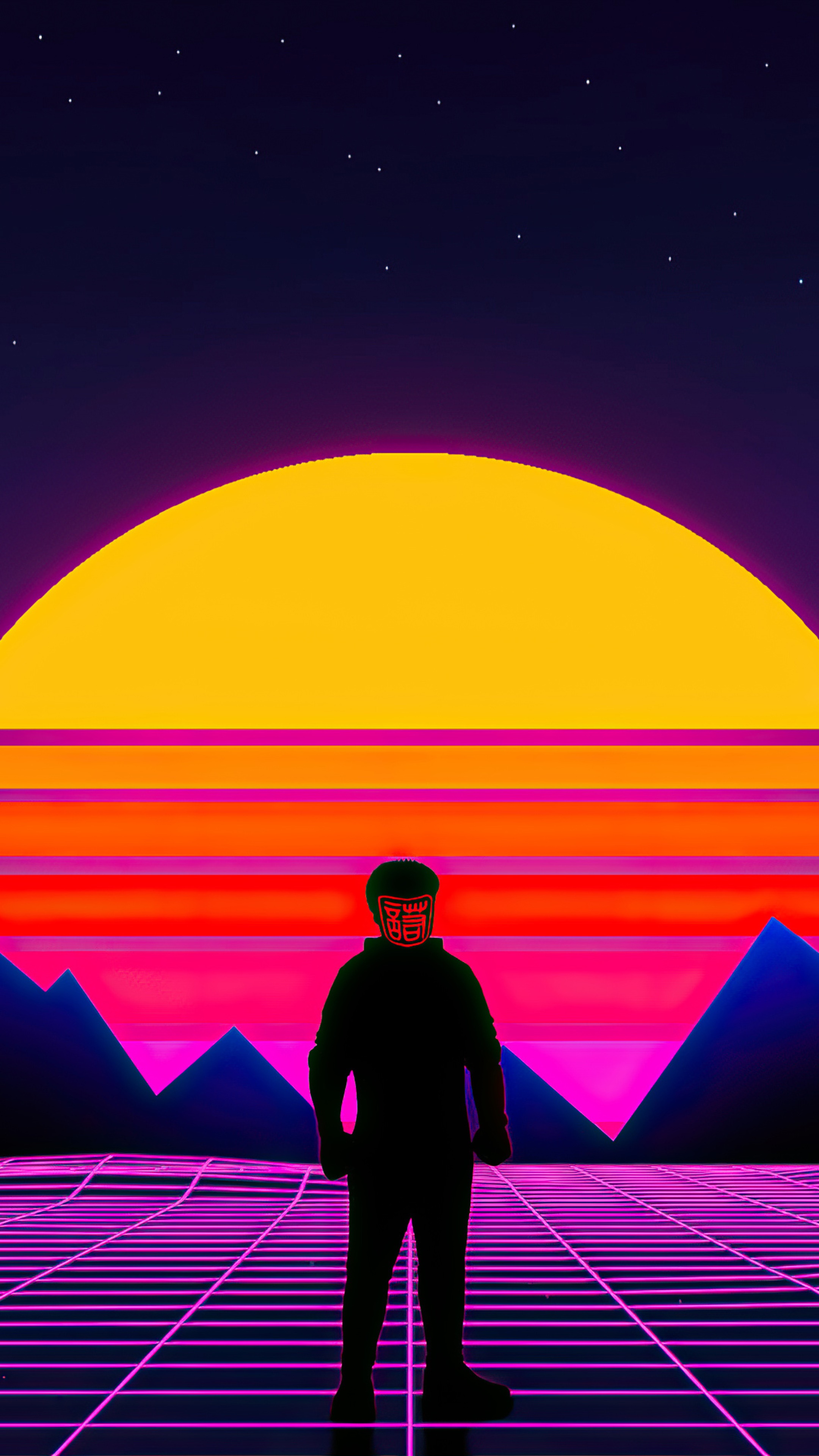 Retrowave artwork of a person with a mask HD Phone Wallpaper