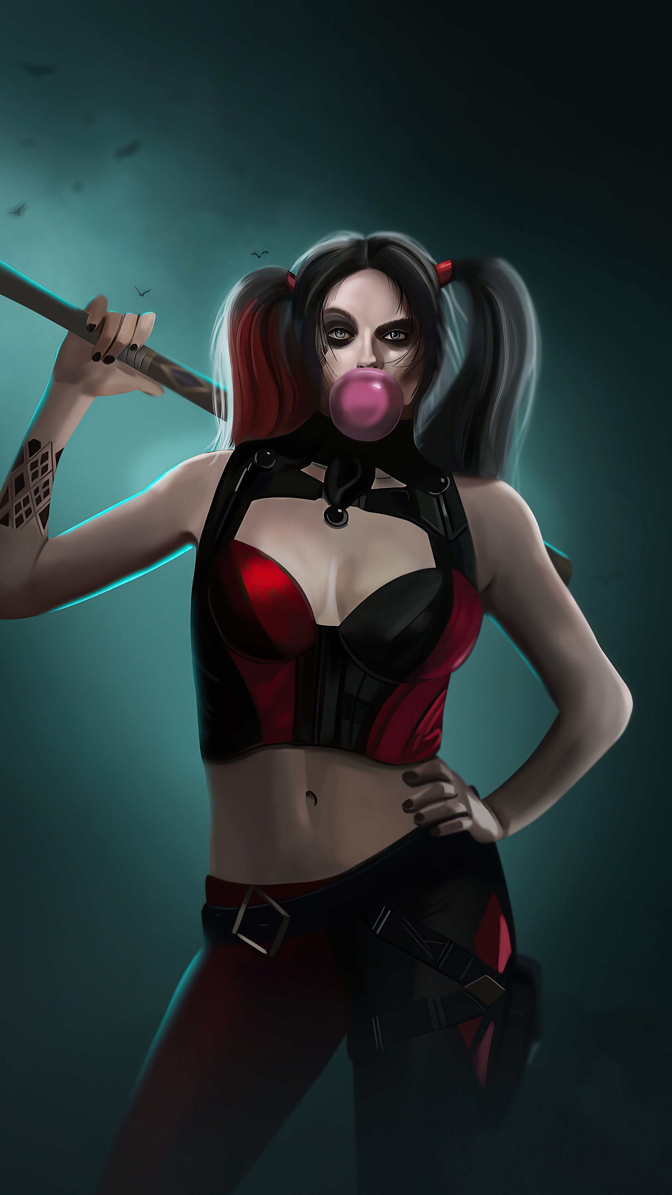 Harley Quinn artwork with bubblegum HD Phone Wallpaper