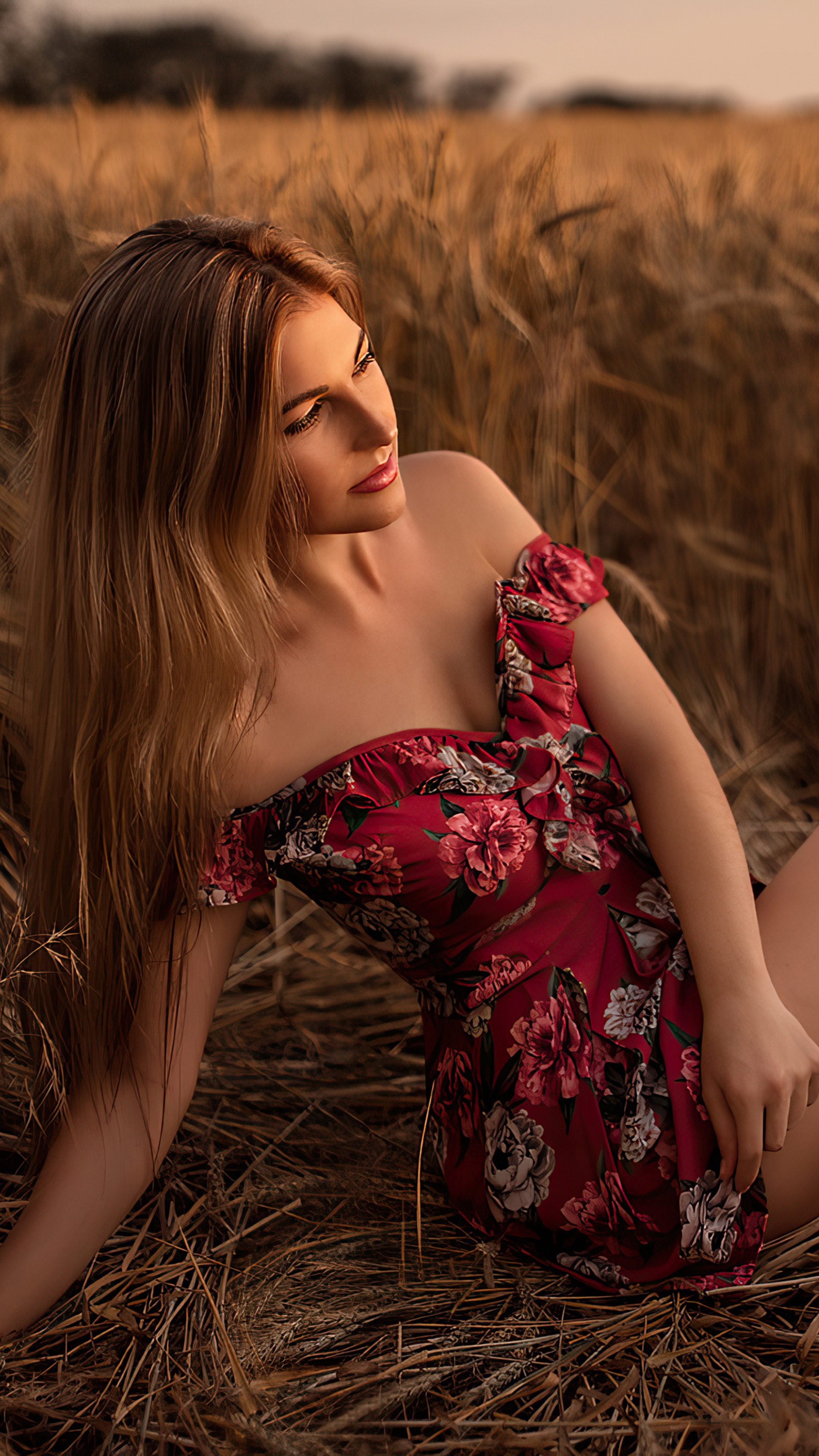 Woman in Red Floral Dress in Wheat Field 4K HD Phone Wallpaper