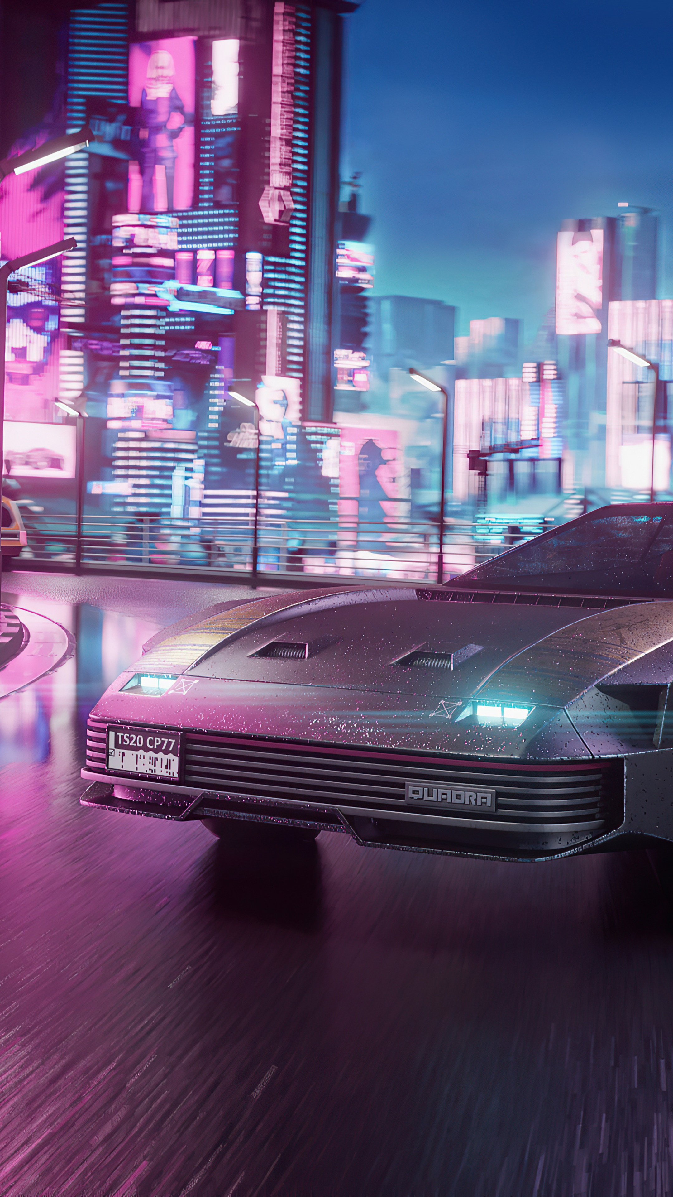Cyberpunk 2077 Quadra car in neon city HD Phone Wallpaper