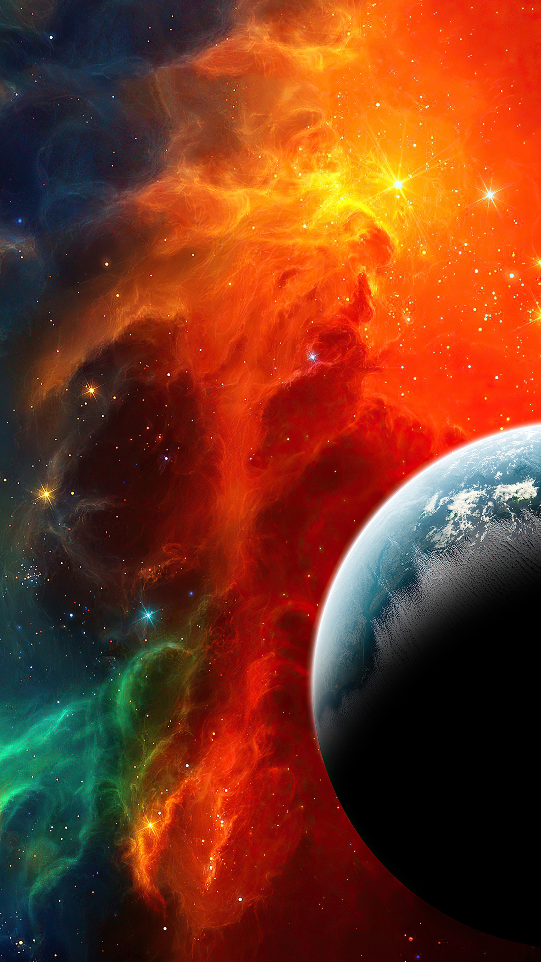 Digital art of a nebula and a planet HD Phone Wallpaper