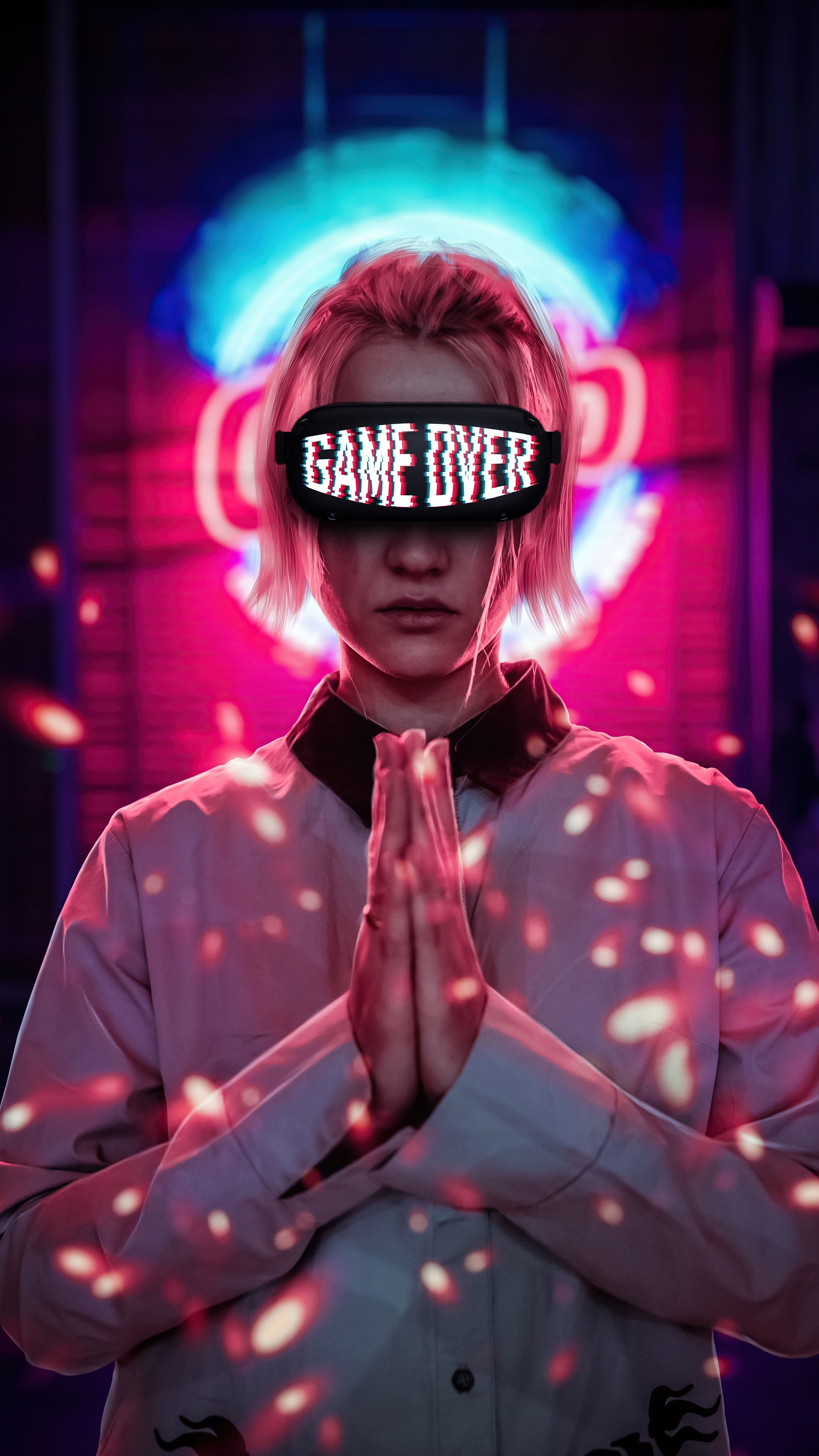 Person with VR headset displaying "GAME OVER" HD Phone Wallpaper