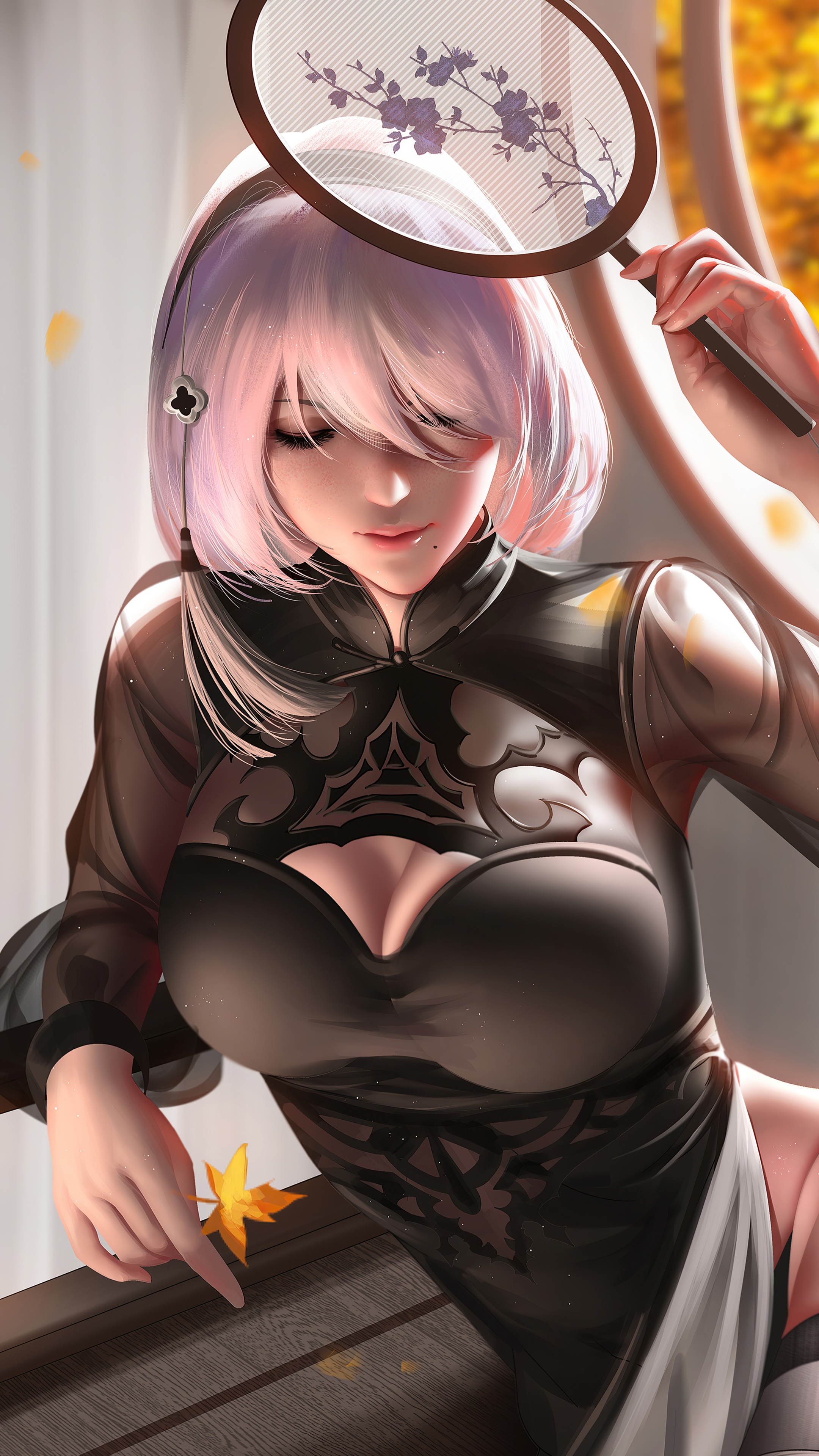 2B from Nier: Automata holding a fan HD Phone Wallpaper